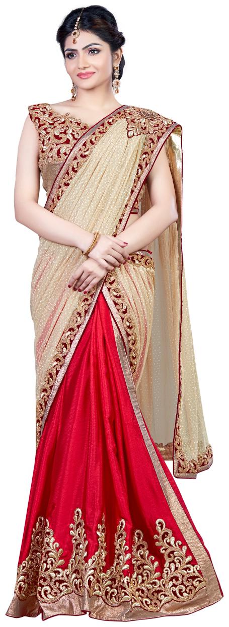 

Mahotsav Red Embroidered Universal Half Half Saree With Blouse With blouse