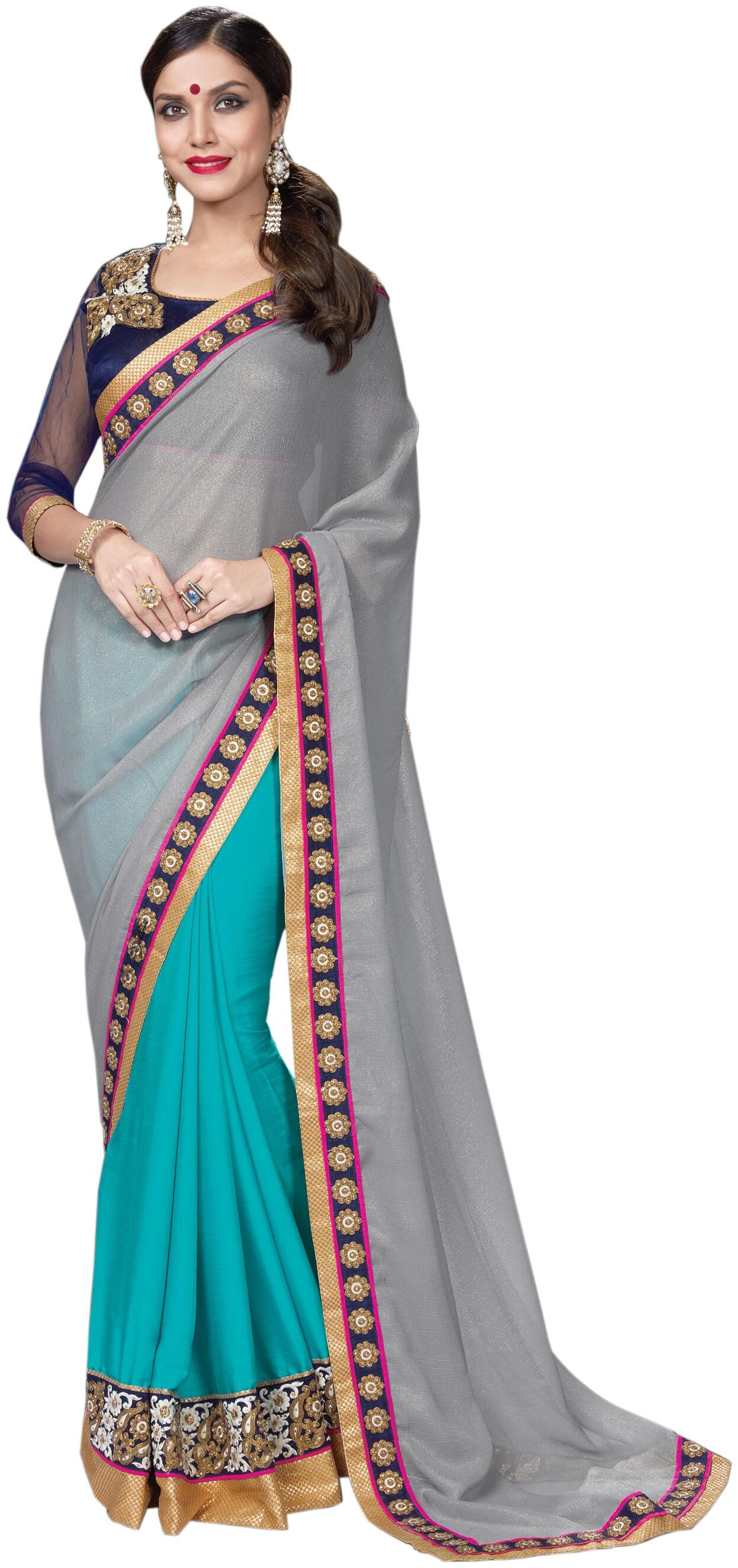 

Mahotsav Grey Blue Embroidered Universal Half Half Saree With Blouse With blouse