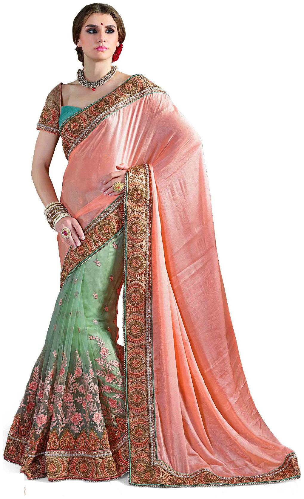 

Mahotsav Green Embroidered Kora Half Half Saree With Blouse With blouse