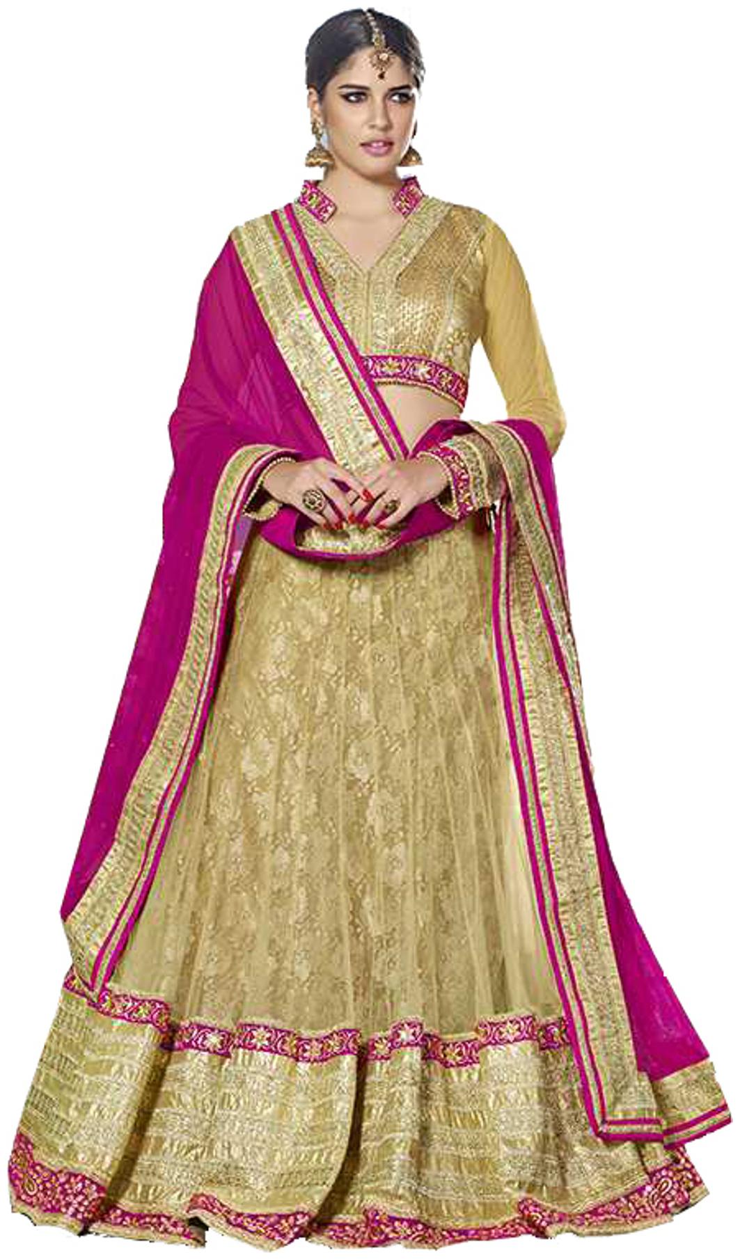 

Mahotsav Beguiling Beige Nd Pink Net A Line Lehenga Choli