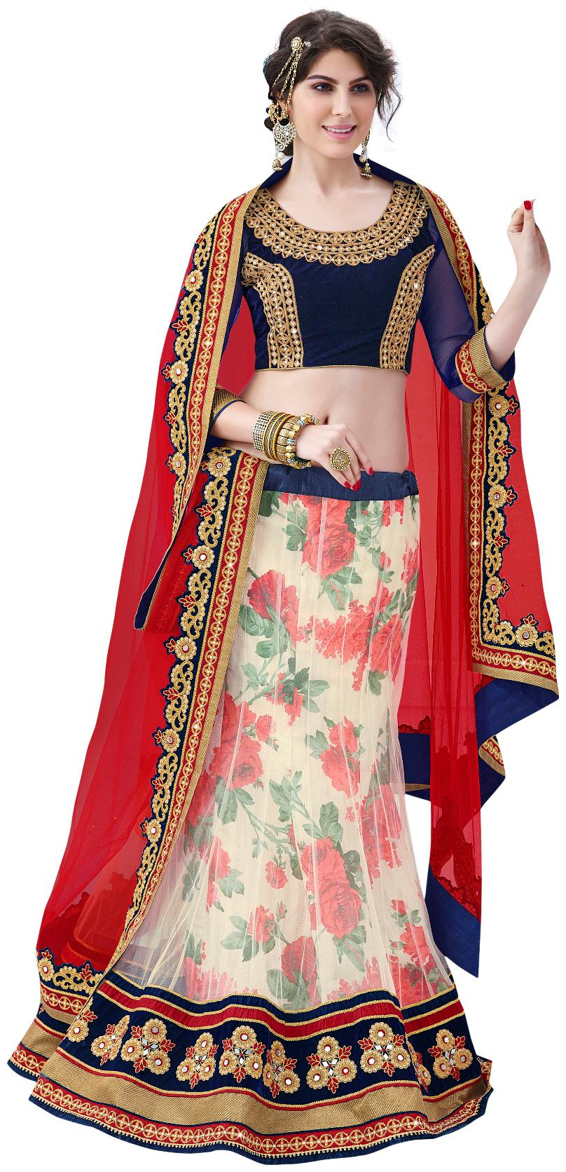 

Mesmeric Floral Rose Print White Net Designer Lehenga With Blue Choli