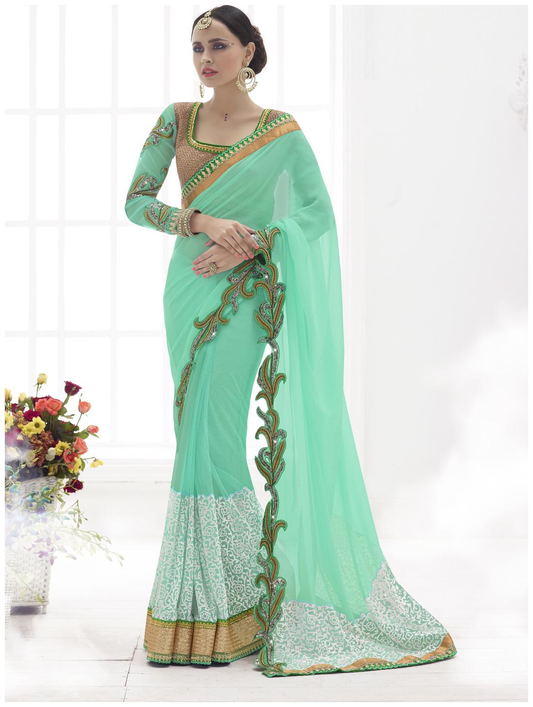 

Mahotsav Green Solid Kora Half Half Saree With Blouse With blouse