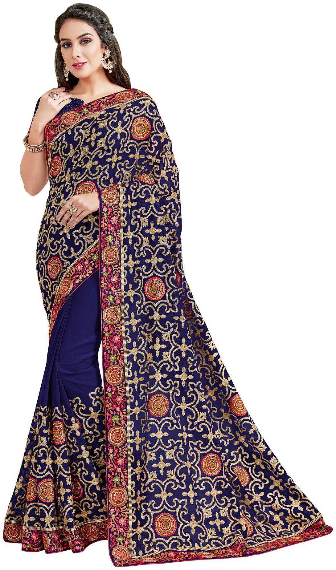 

Mahotsav Blue Embroidered Kora Half Half Saree With Blouse With blouse