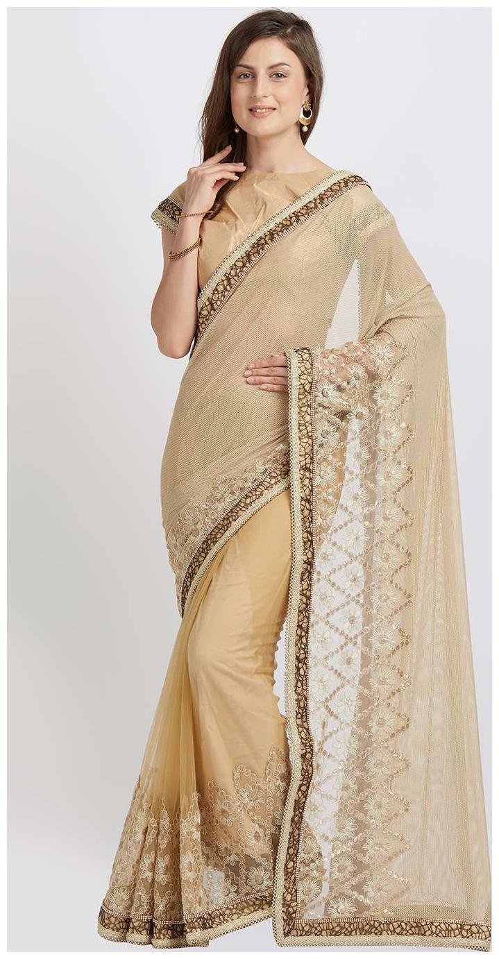 

Mahotsav Beige Embroidered Kora Designer Saree With Blouse With blouse