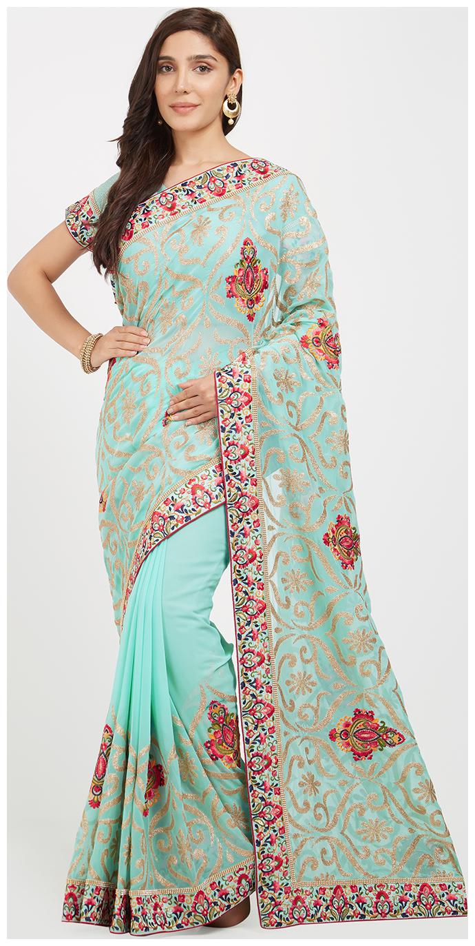 

Mahotsav Green Embroidered Kora Designer Saree With Blouse With blouse