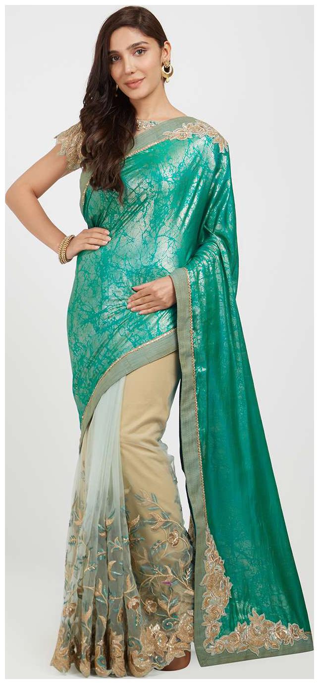 

Mahotsav Green Woven Kora Half Half Saree With Blouse With blouse