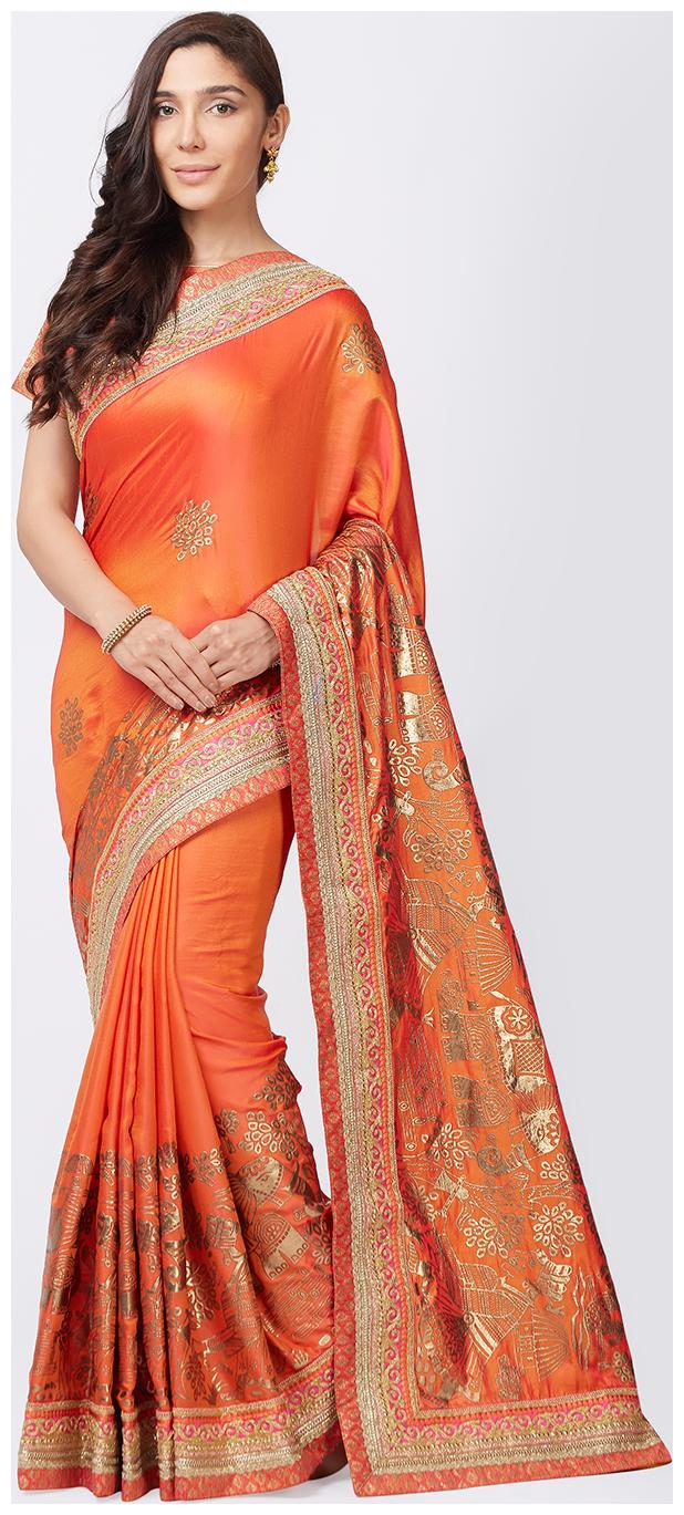 

Mahotsav Orange Woven Kora Designer Saree Without blouse