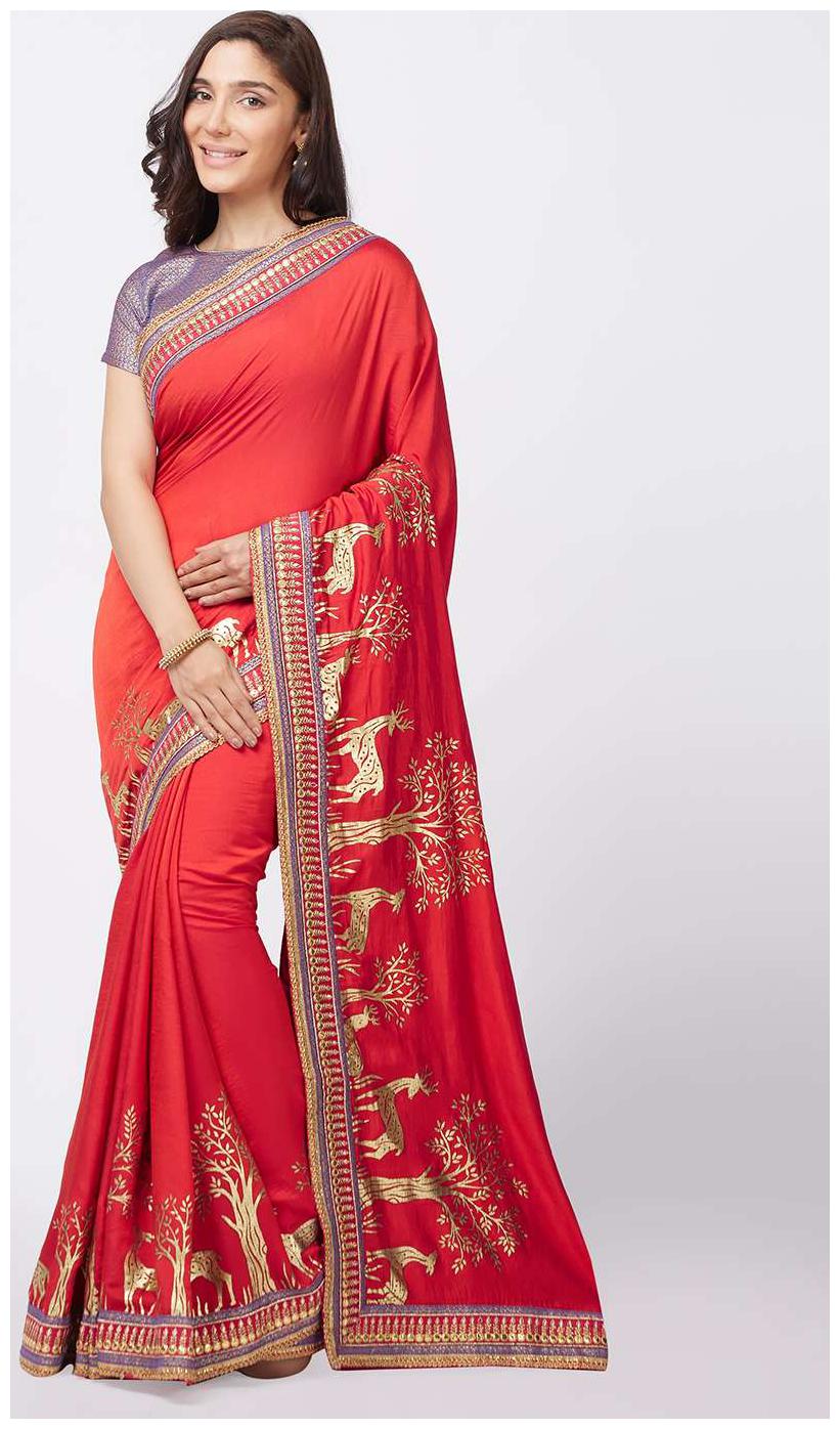 

Mahotsav Red Embroidered Kora Designer Saree With Blouse With blouse