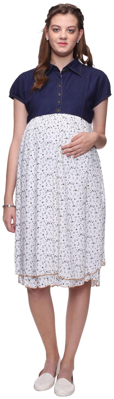 

Mamma s Maternity Blue White Floral Printed Demin Maternity Dress