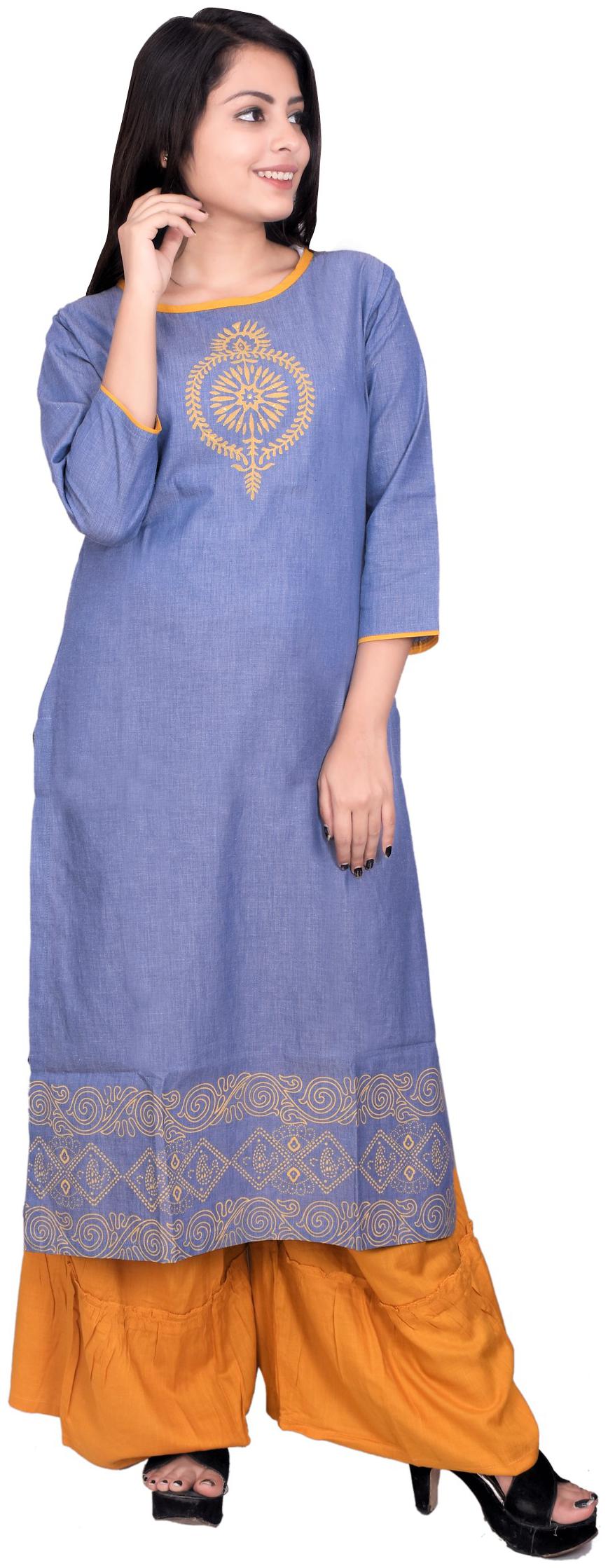 

MAN QUEEN Cotton Ethnic Motifs Blue and Yellow Kurta Sharara
