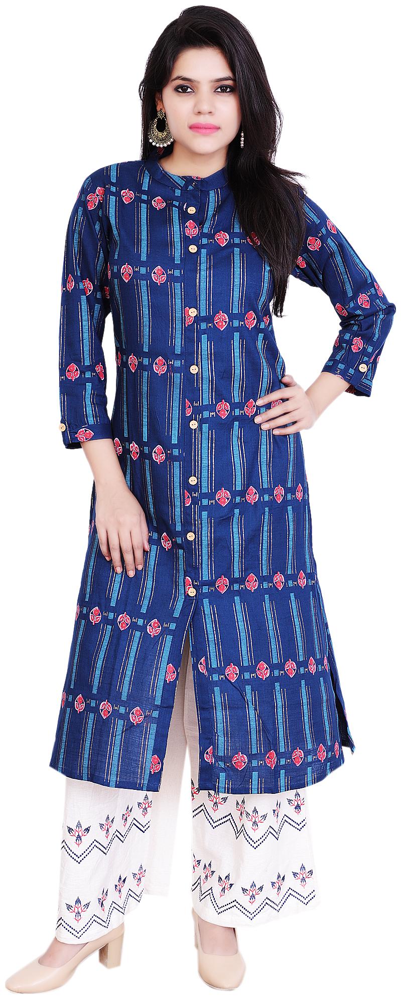 

MAN QUEEN Cotton Printed Blue White Kurta With Palazzo