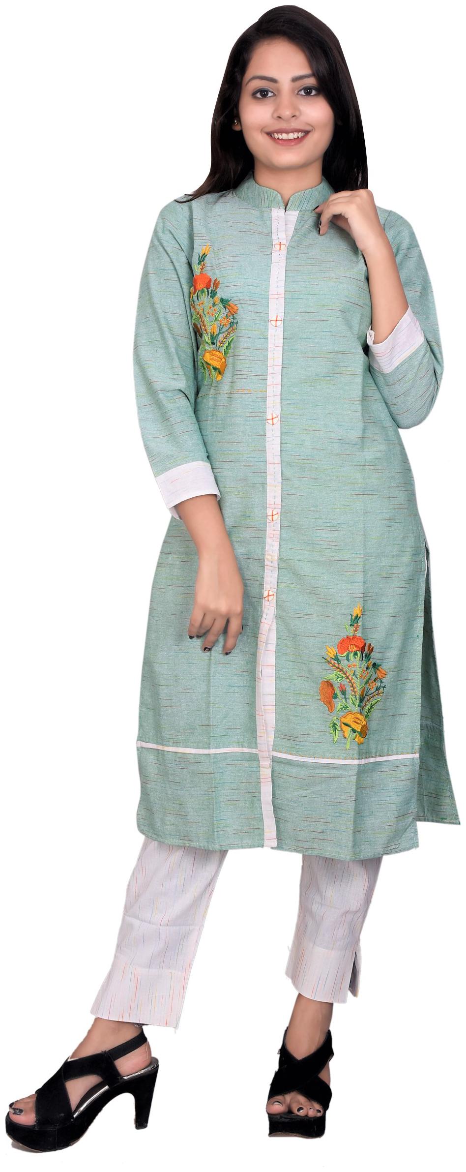 

MAN QUEEN Cotton Embroidery Green and White Kurta With Pants