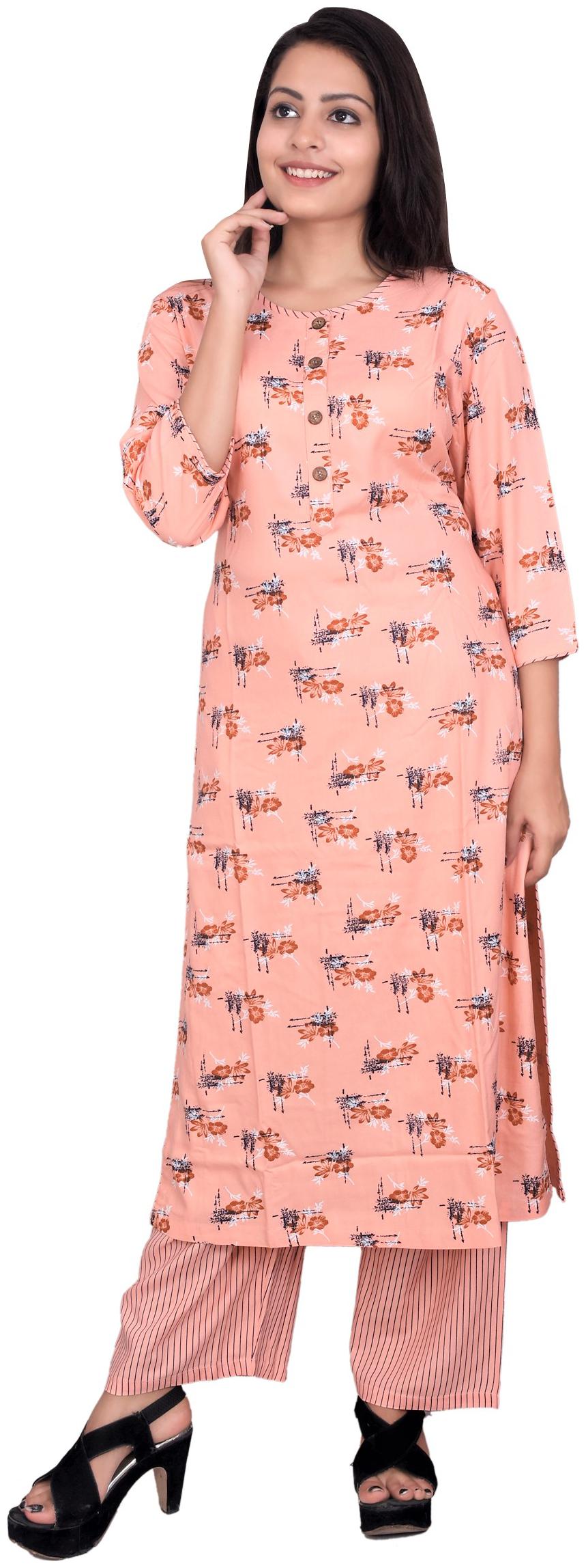 

MAN QUEEN Cotton Floral Peach Kurta With Palazzo