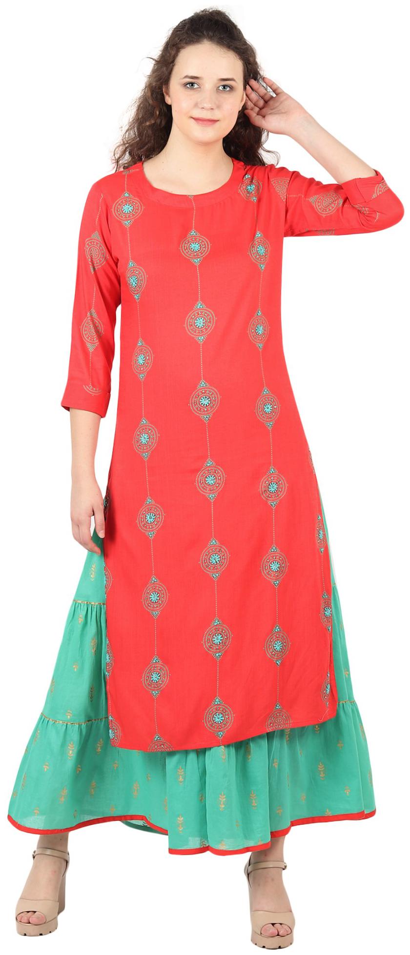 

MAN QUEEN Women Cotton Embroidered Red Kurta With Skirt