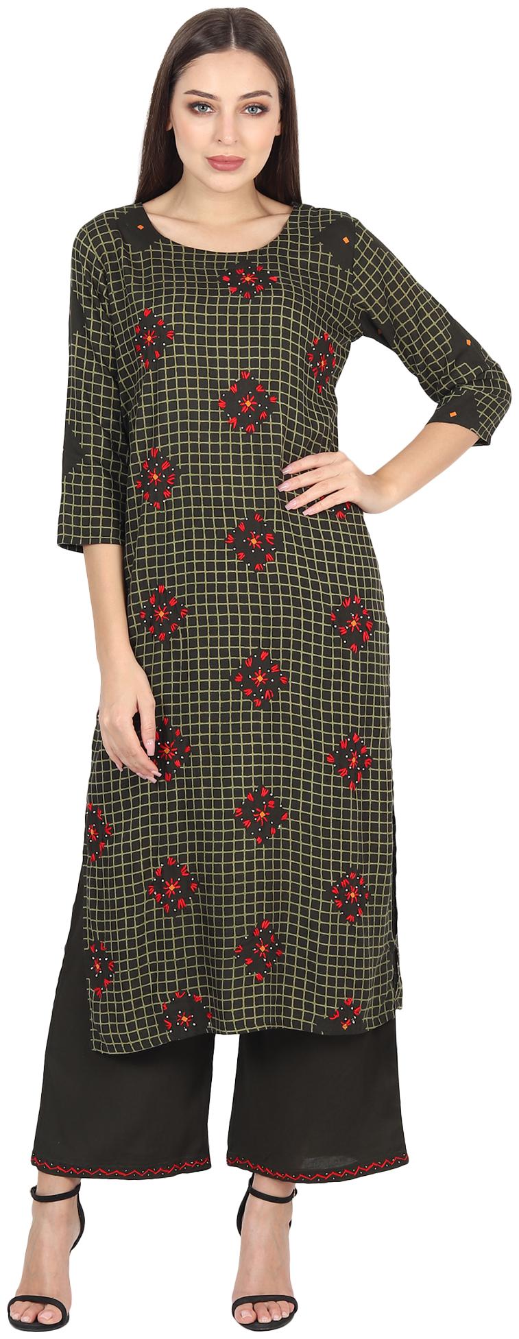 

Man Queen Women Viscose Rayon Checkered Kurti With Palazzo (Dark Green)