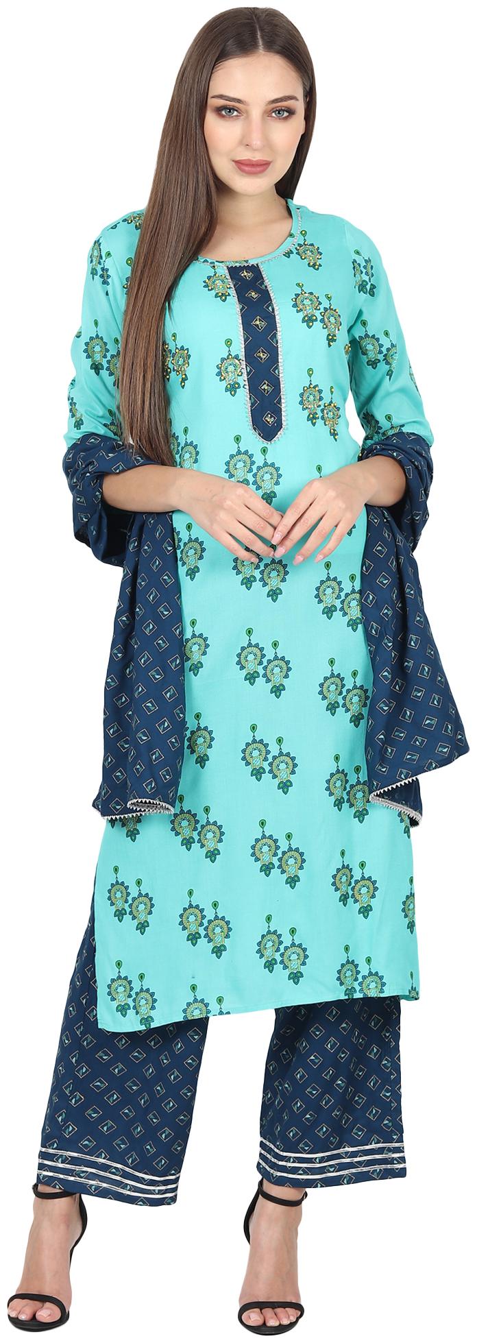 

MAN QUEEN Women Viscose Rayon Embroidered Turquoise Kurti With Palazzo With Dupatta