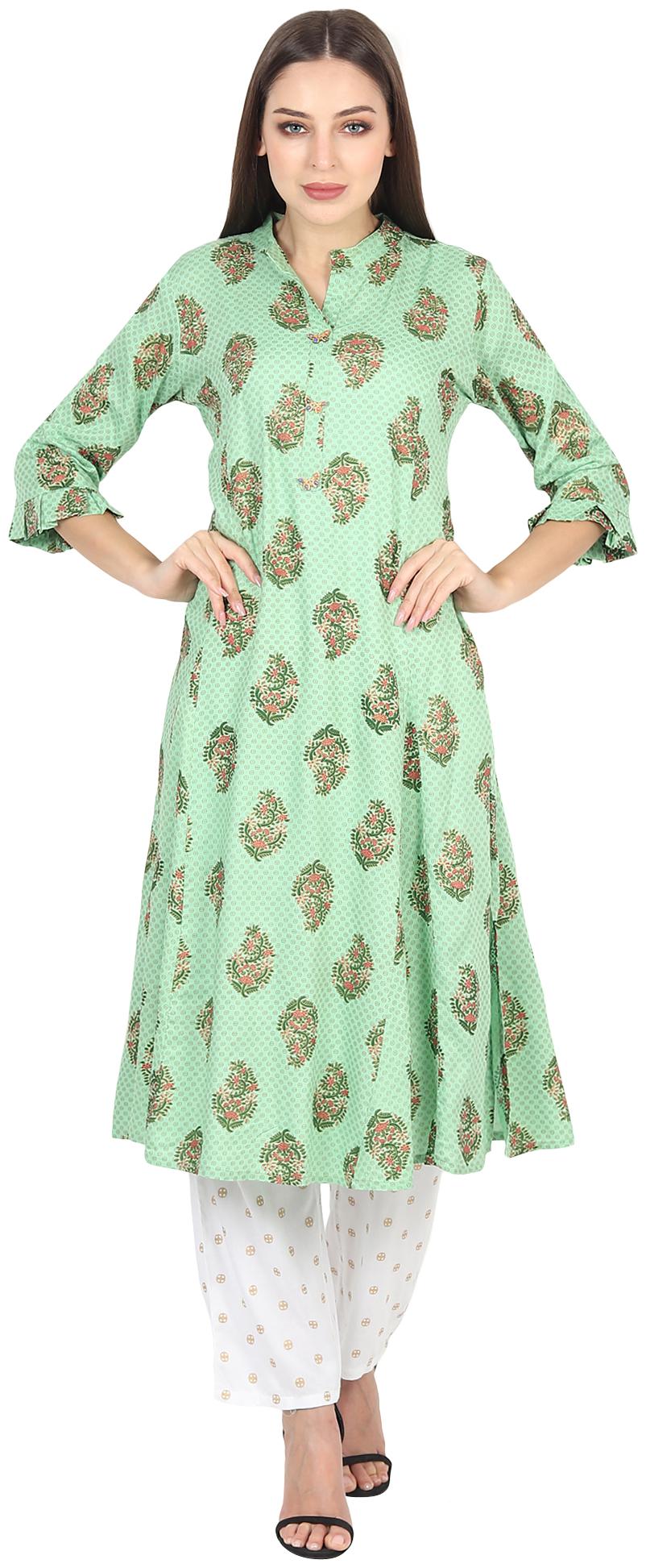 

MAN QUEEN Women Green Ethnic Motifs Anarkali Kurti With Pants