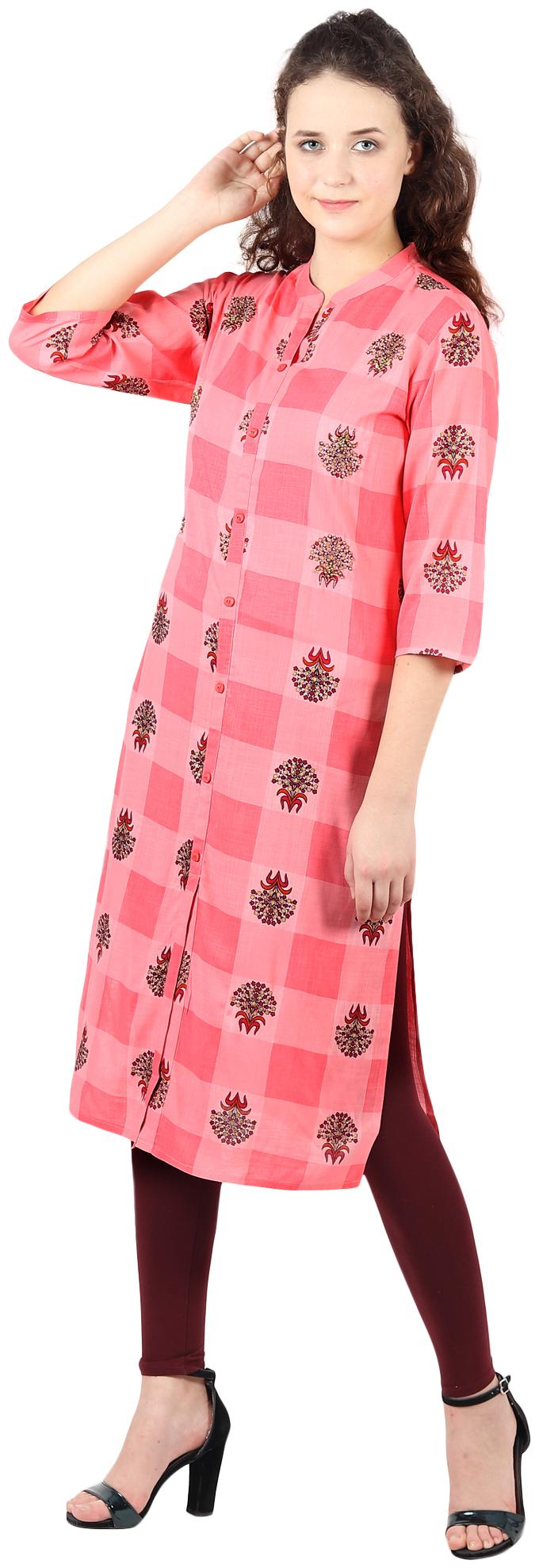 

MAN QUEEN Women Pink Checkered Straight Kurta