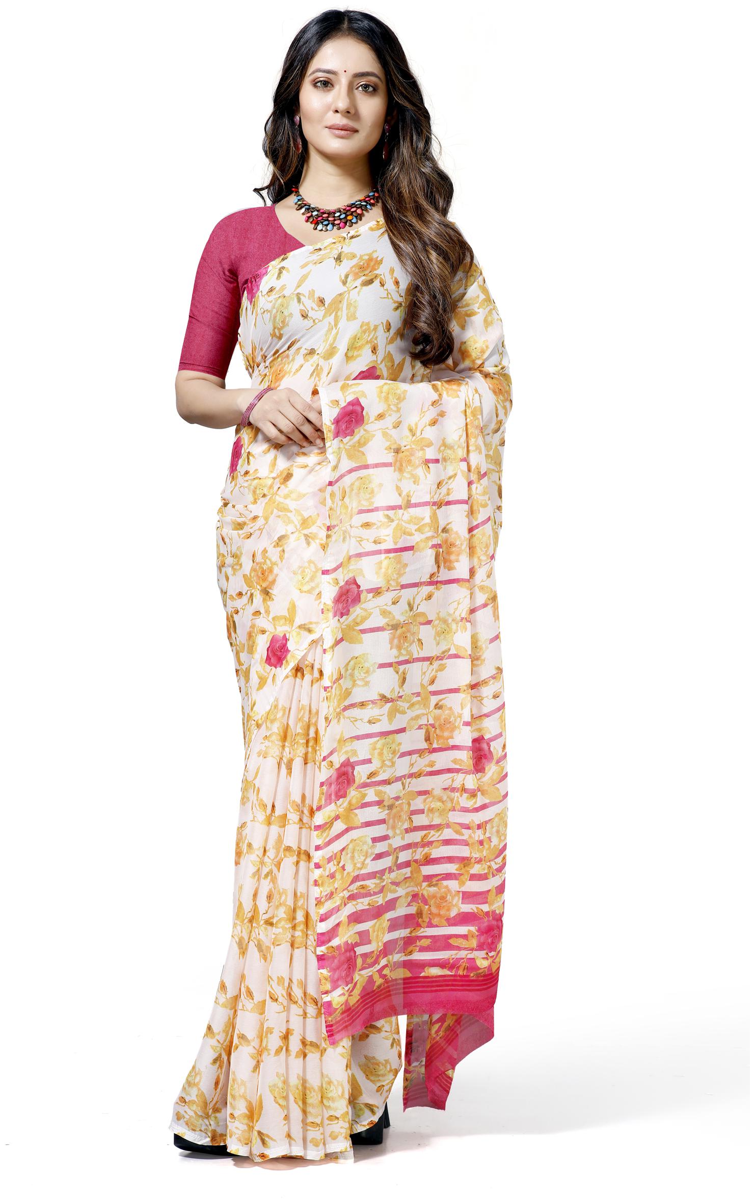 

Maniyar Women Bollywood Chiffon Floral Daily Wear Saree (White)