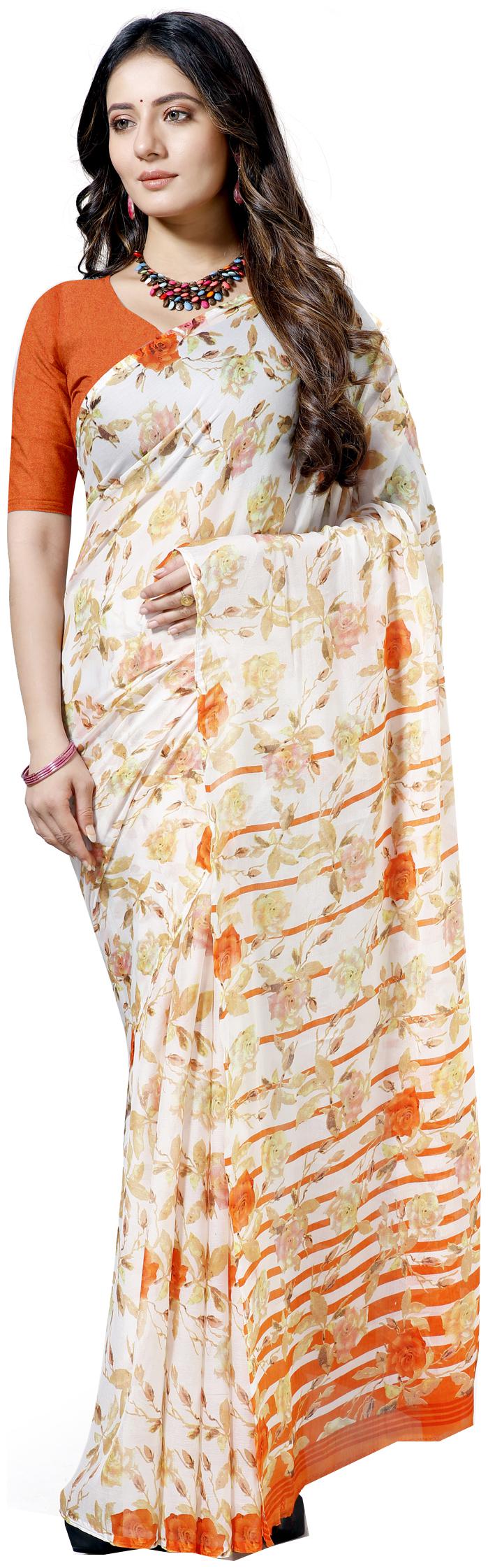 

Maniyar Women Bollywood Chiffon Floral Daily Wear Saree (White)