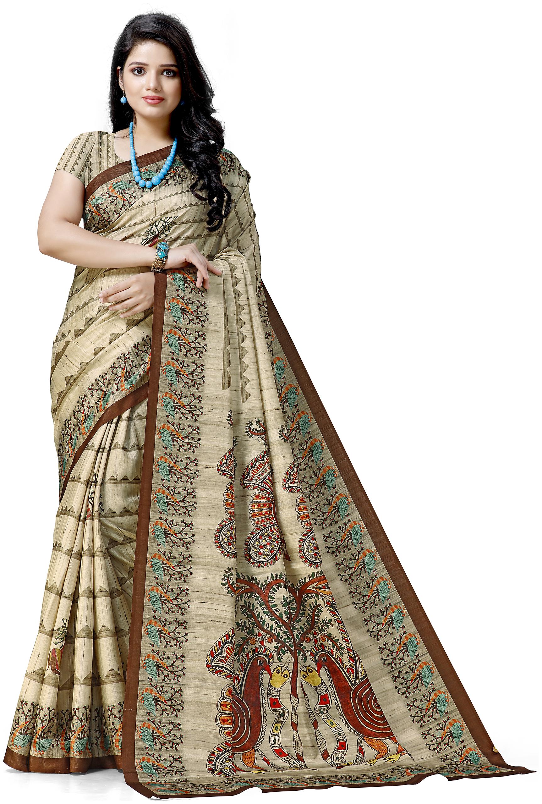

Maniyar Printed Madhubani Silk Saree (Beige)