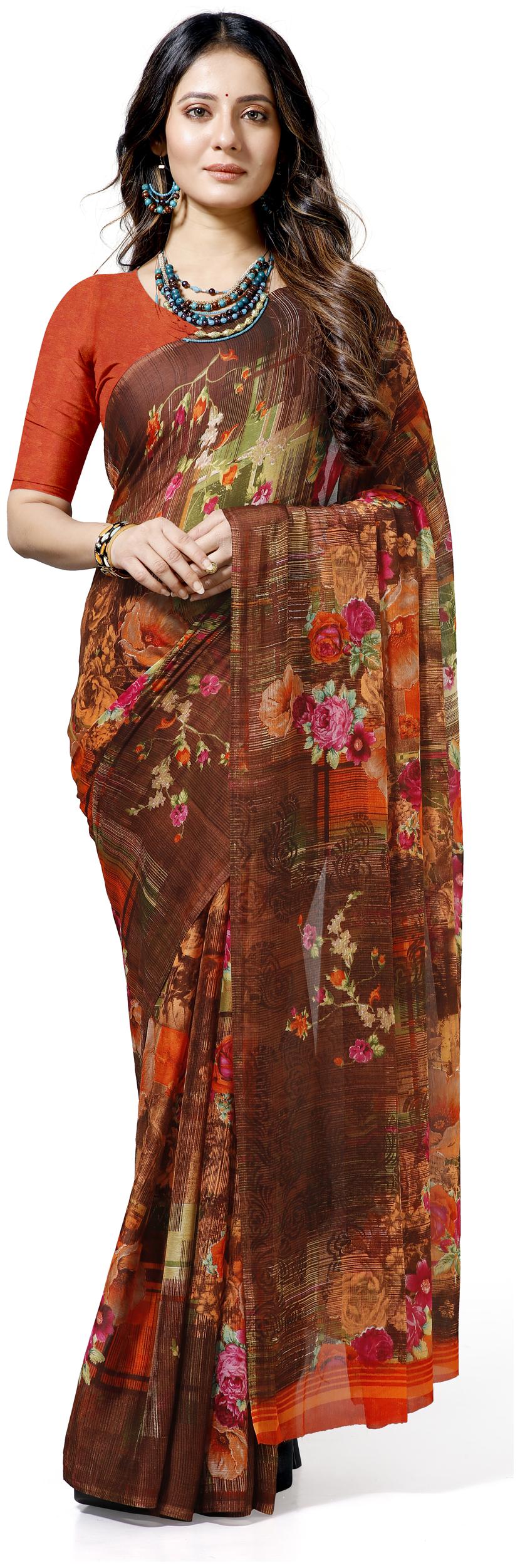 

Maniyar Women Bollywood Chiffon Floral Daily Wear Saree (Brown)