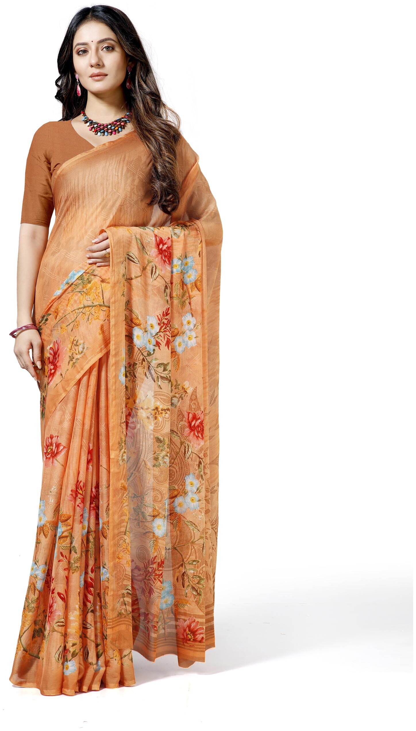 

Maniyar Women Bollywood Chiffon Floral Daily Wear Saree (Orange)