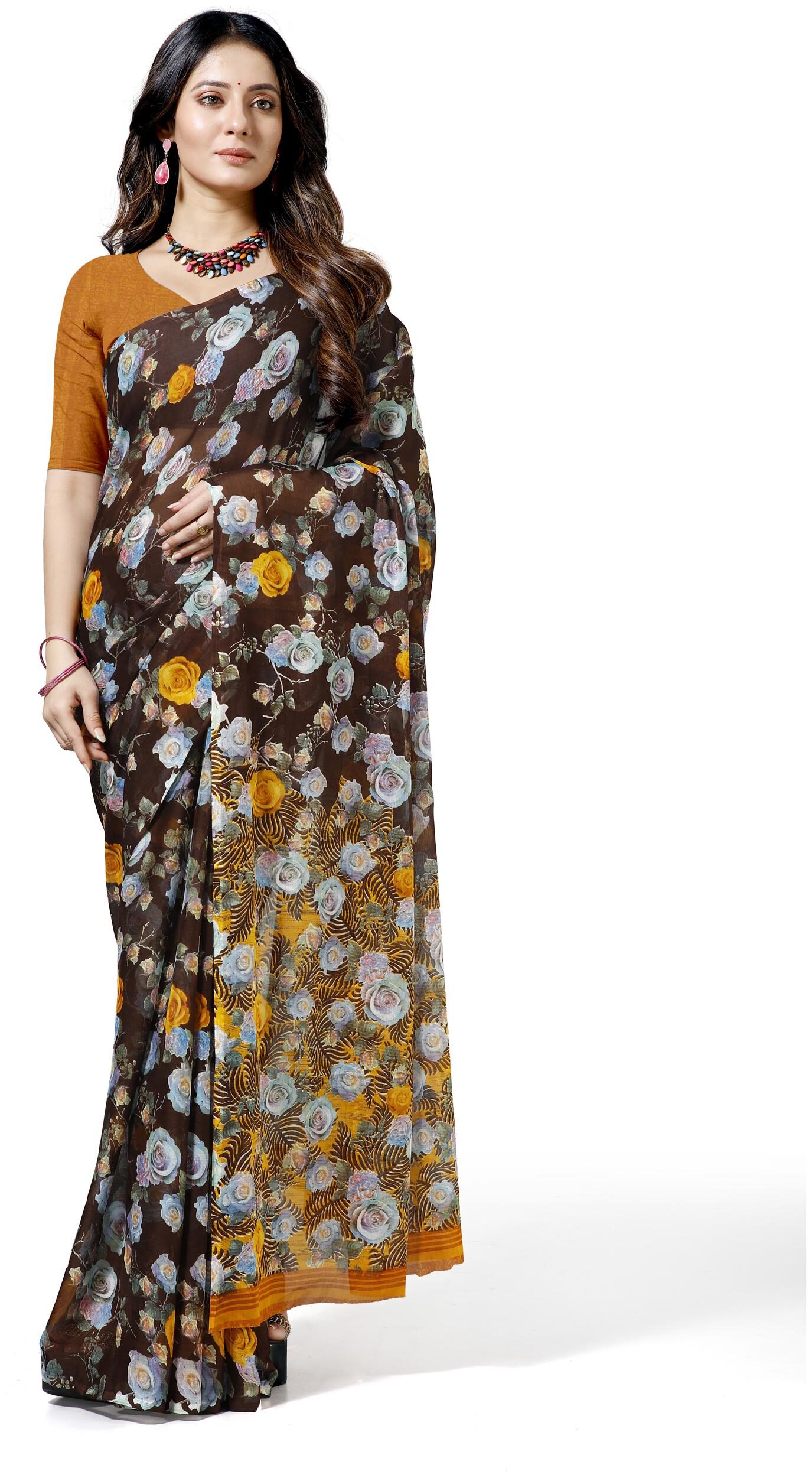 

Maniyar Women Bollywood Chiffon Floral Daily Wear Saree (Brown)