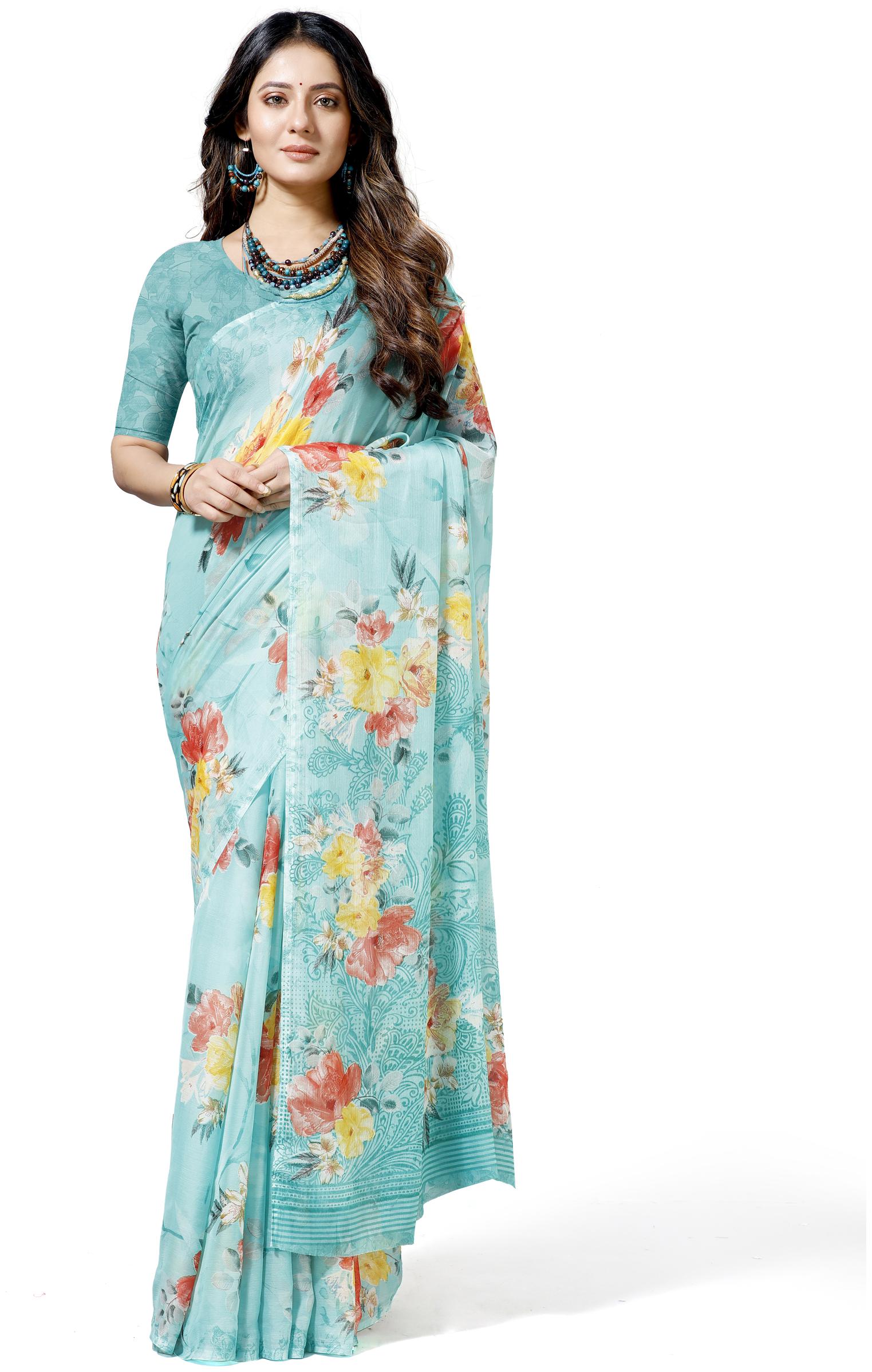

Maniyar Women Bollywood Chiffon Floral Daily Wear Saree (Blue)