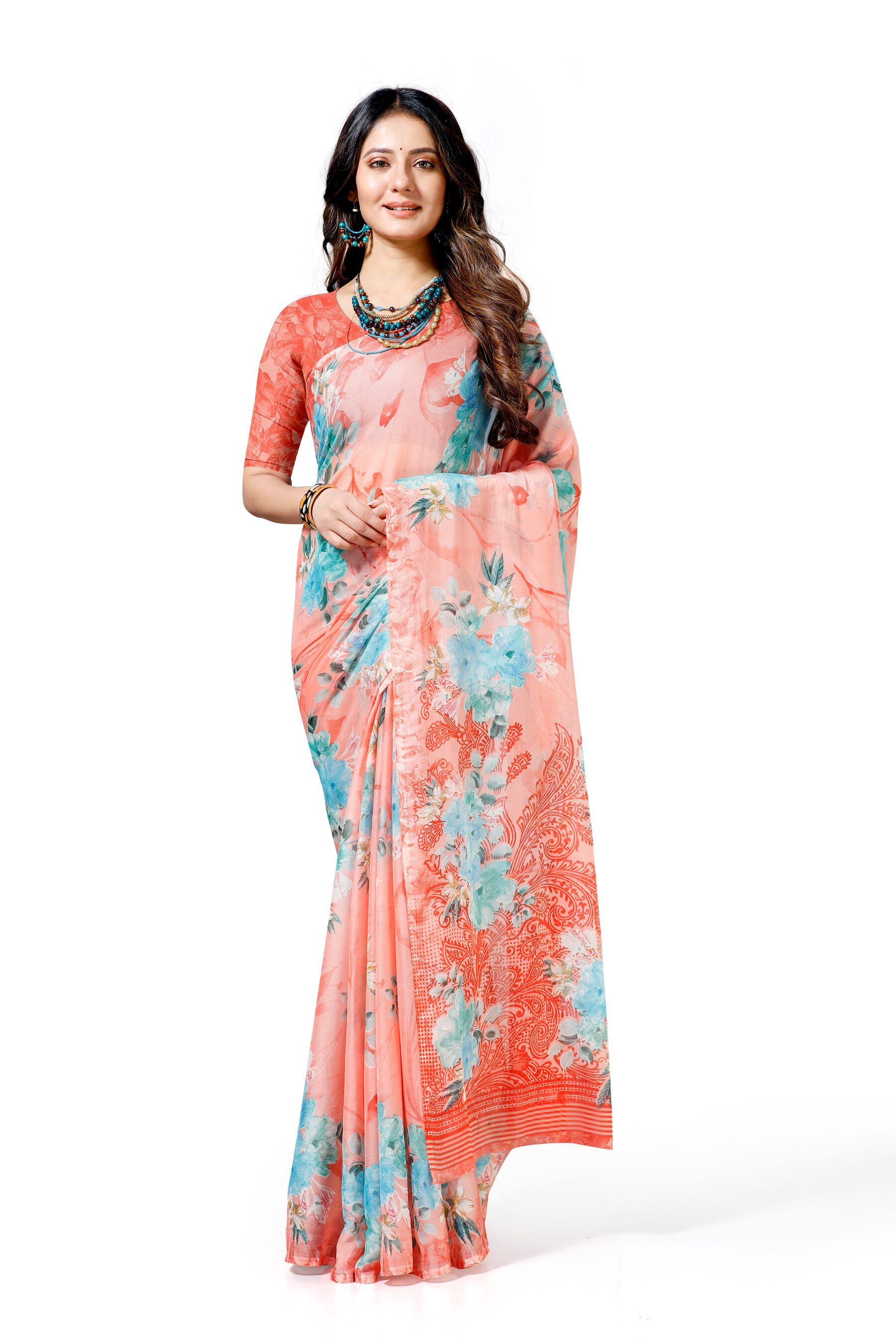 

Maniyar Women Bollywood Chiffon Floral Daily Wear Saree (Pink)