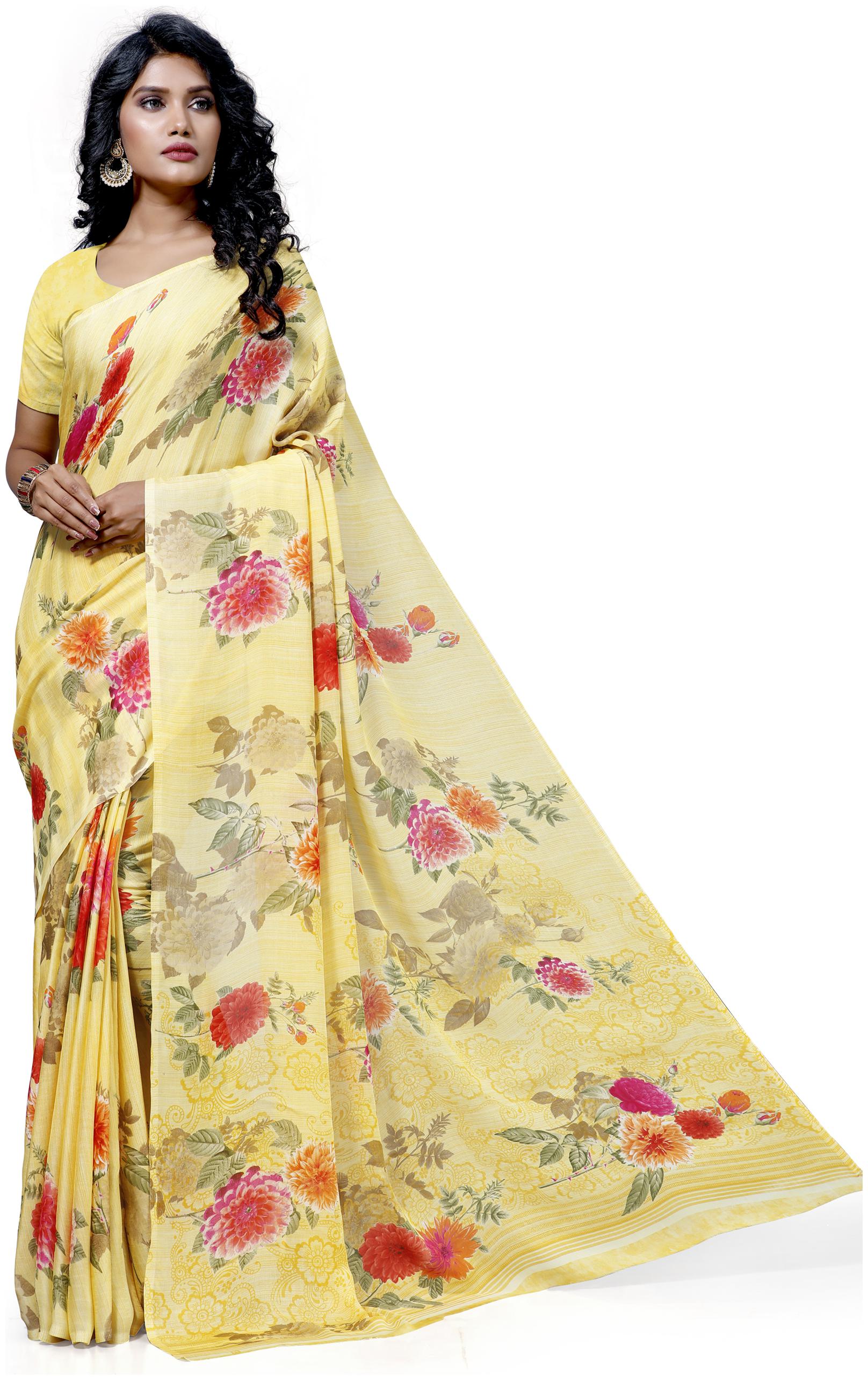

Maniyar Bollywood Floral Printed Chiffon Saree (Yellow)