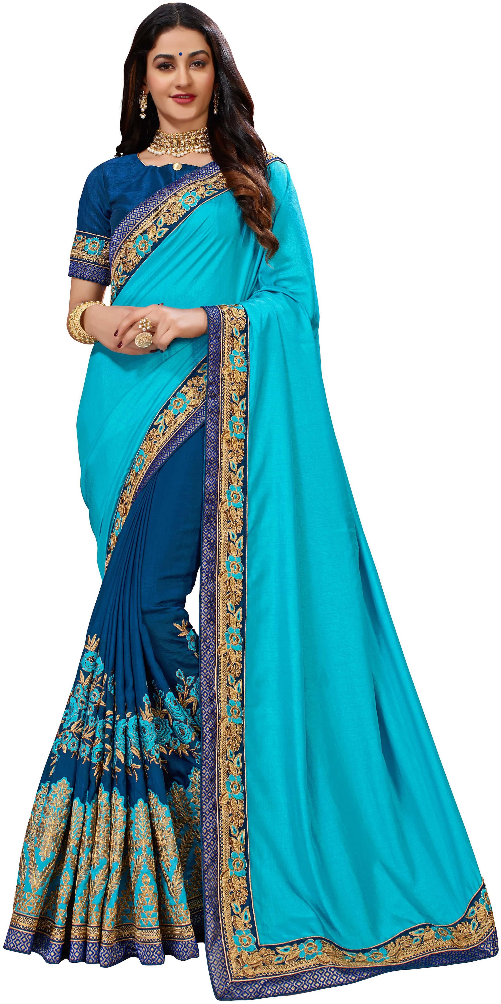 

Manohari Blue Embroidered Dupion Half Half Saree With Blouse With blouse