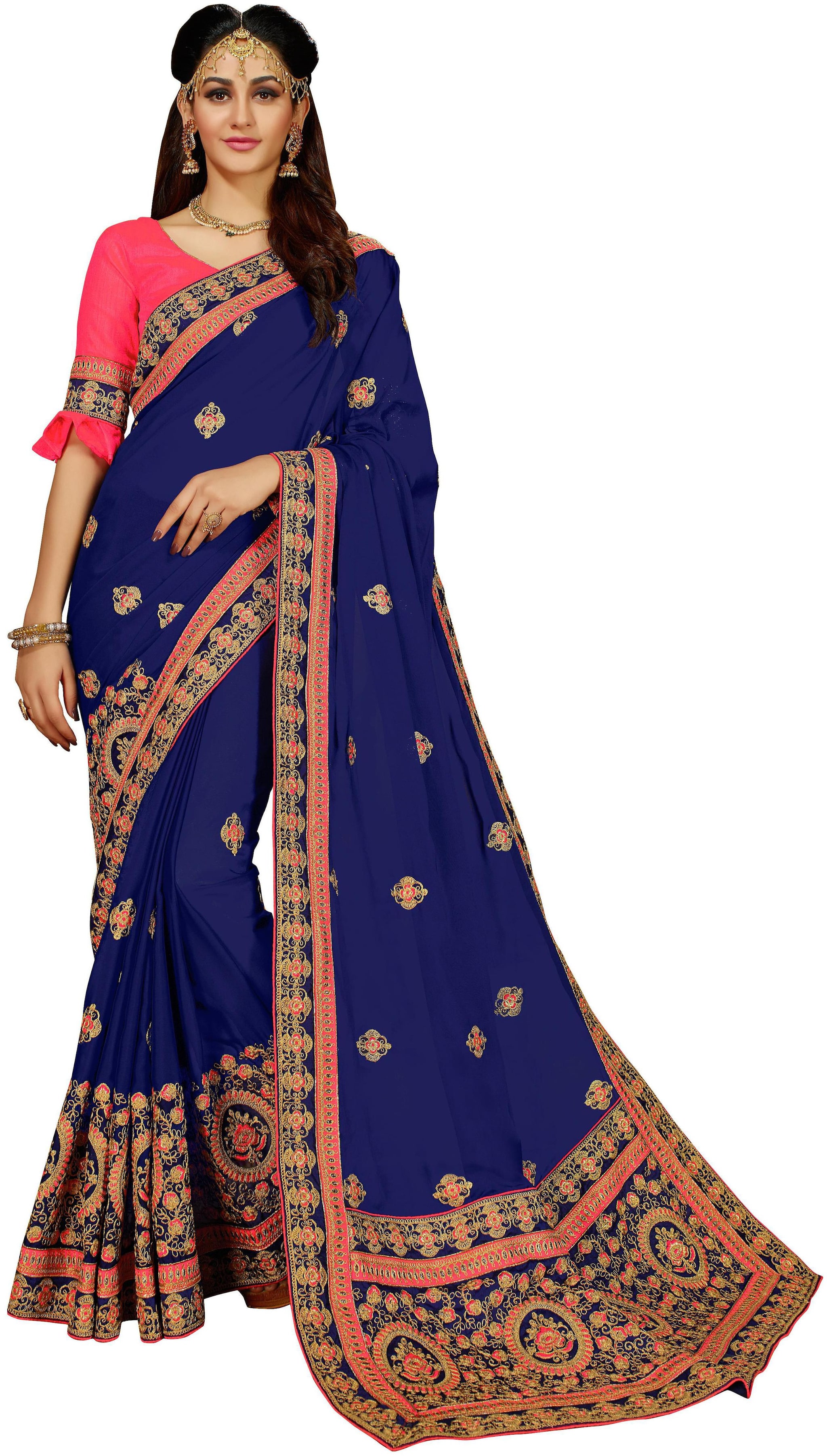 

Manohari Blue Embroidered Dupion Designer Saree With Blouse With blouse