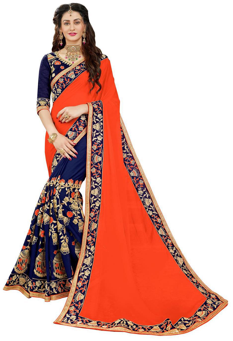 

Manohari Designer Orange Pure Georgette Embroidery saree with Blouse
