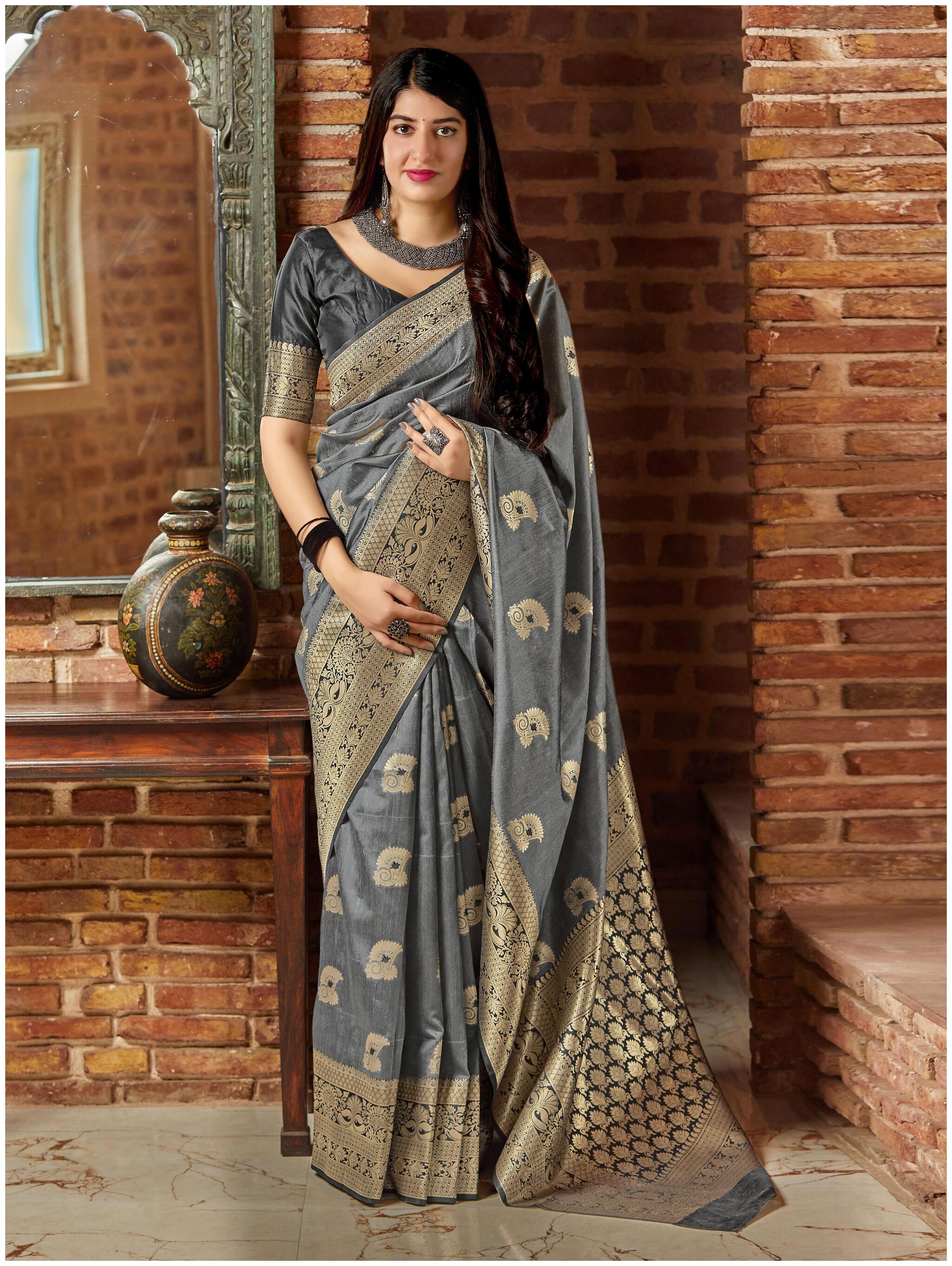 

Manohari Grey Banarasi Silk Woven Saree With Blouse Peice