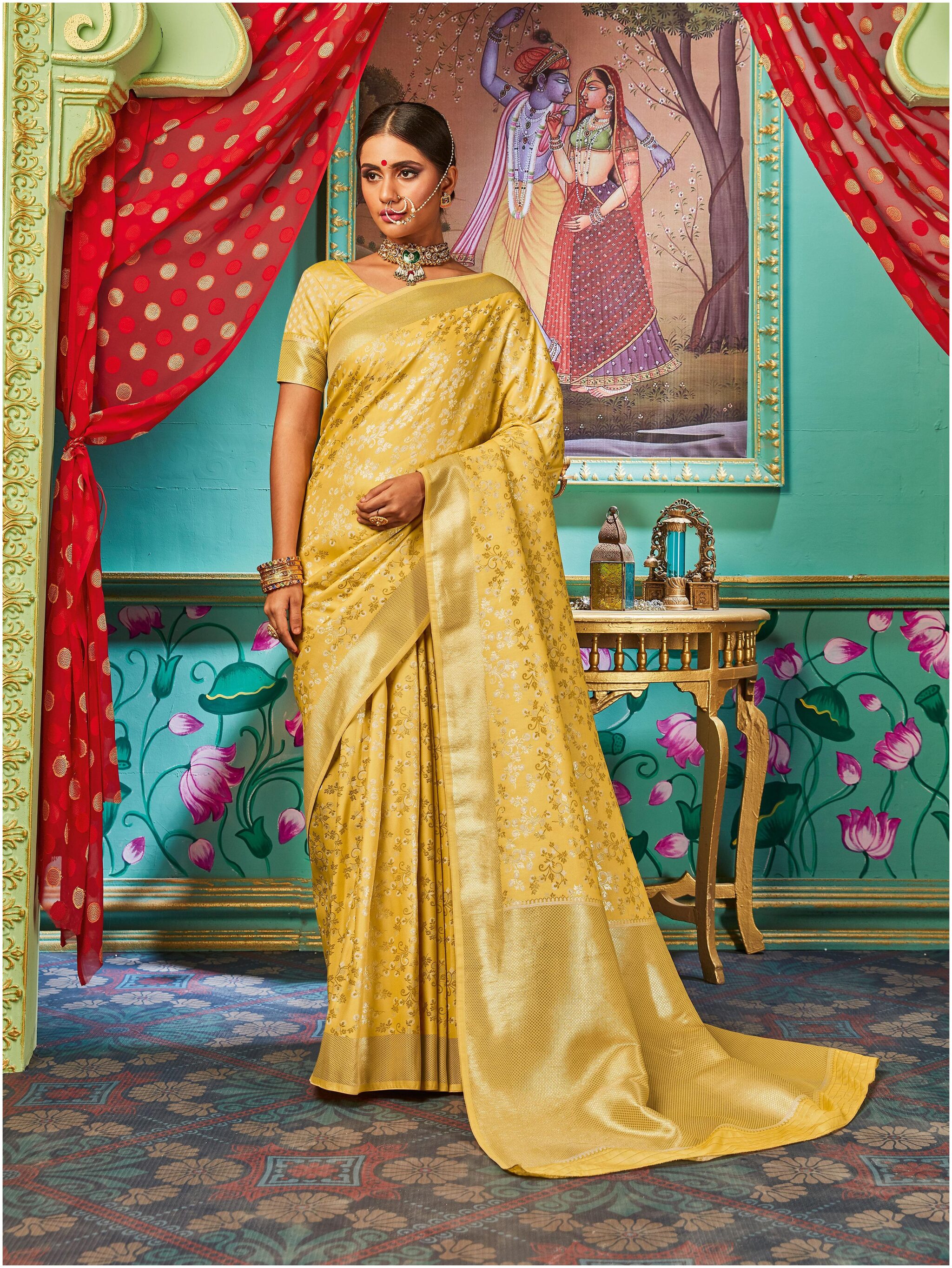 

Manohari Jacquard Woven Yellow Designer Saree For Women