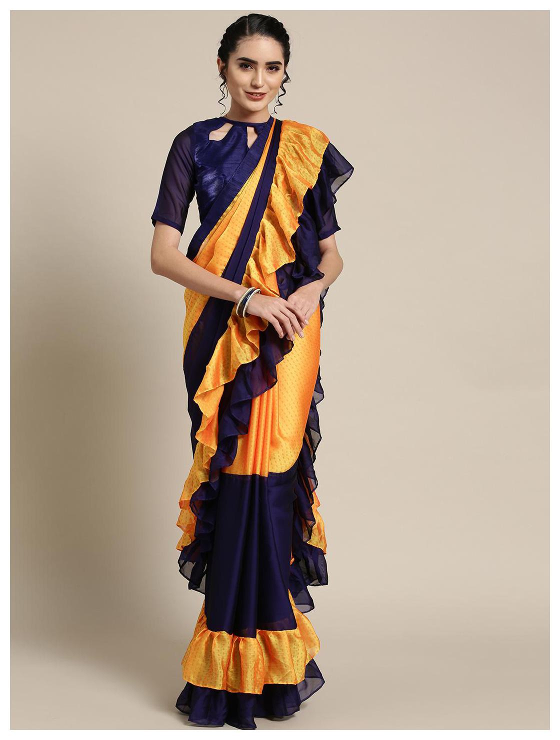 

Manohari Mustard Purple Solid Dupion Ruffle Saree With Blouse With blouse