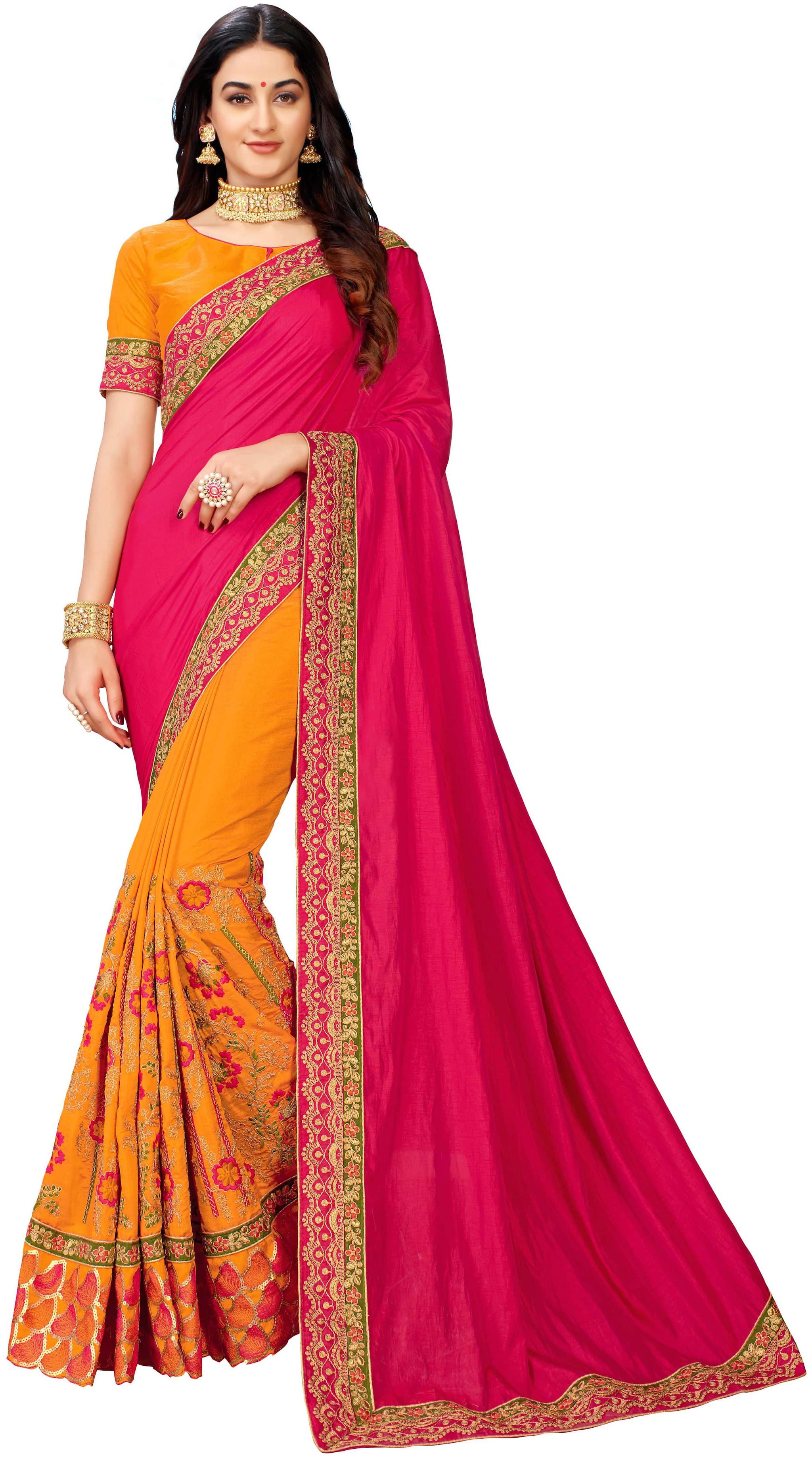 

Manohari Pink Embroidered Dupion Half Half Saree With Blouse With blouse