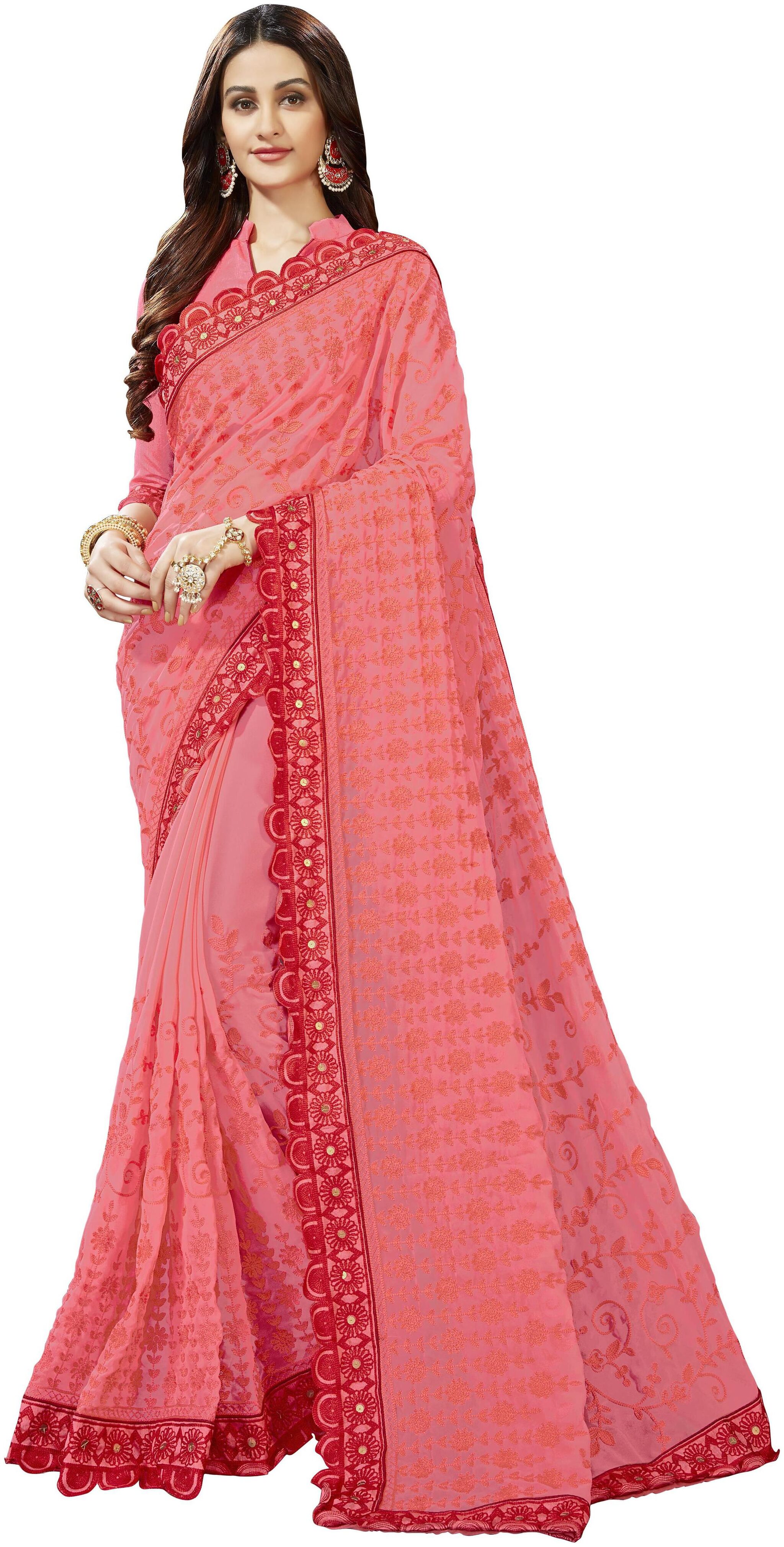 

Manohari Pink Embroidered Dupion Designer Saree With Blouse With blouse