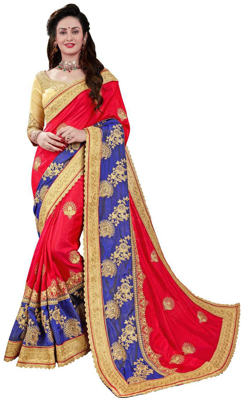 

Manohari Red Embroidered Dupion Designer Saree With Blouse With blouse