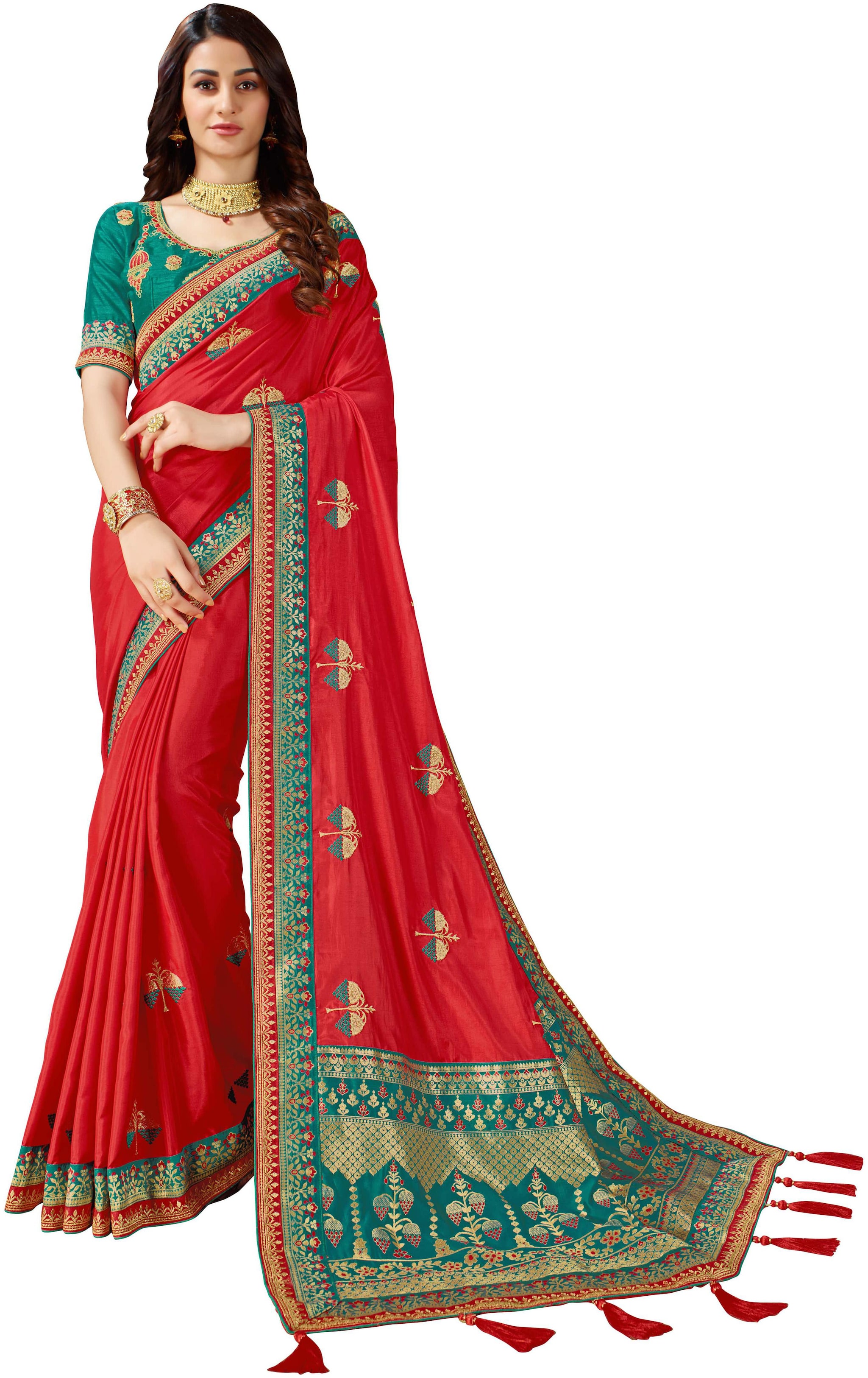 

Manohari Red Embroidered Dupion Designer Saree With Blouse With blouse