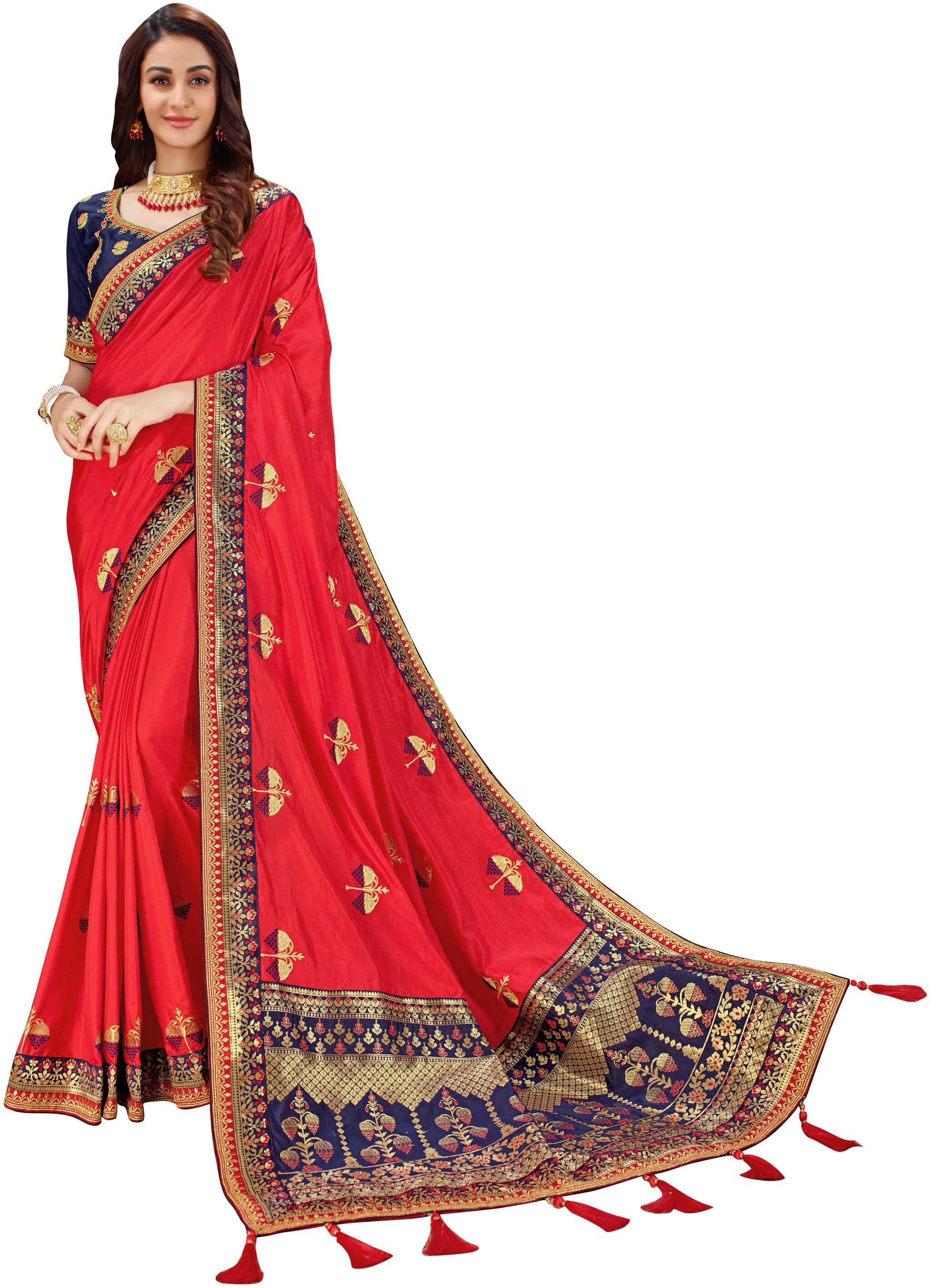 

Manohari Red Embroidered Dupion Designer Saree With Blouse With blouse