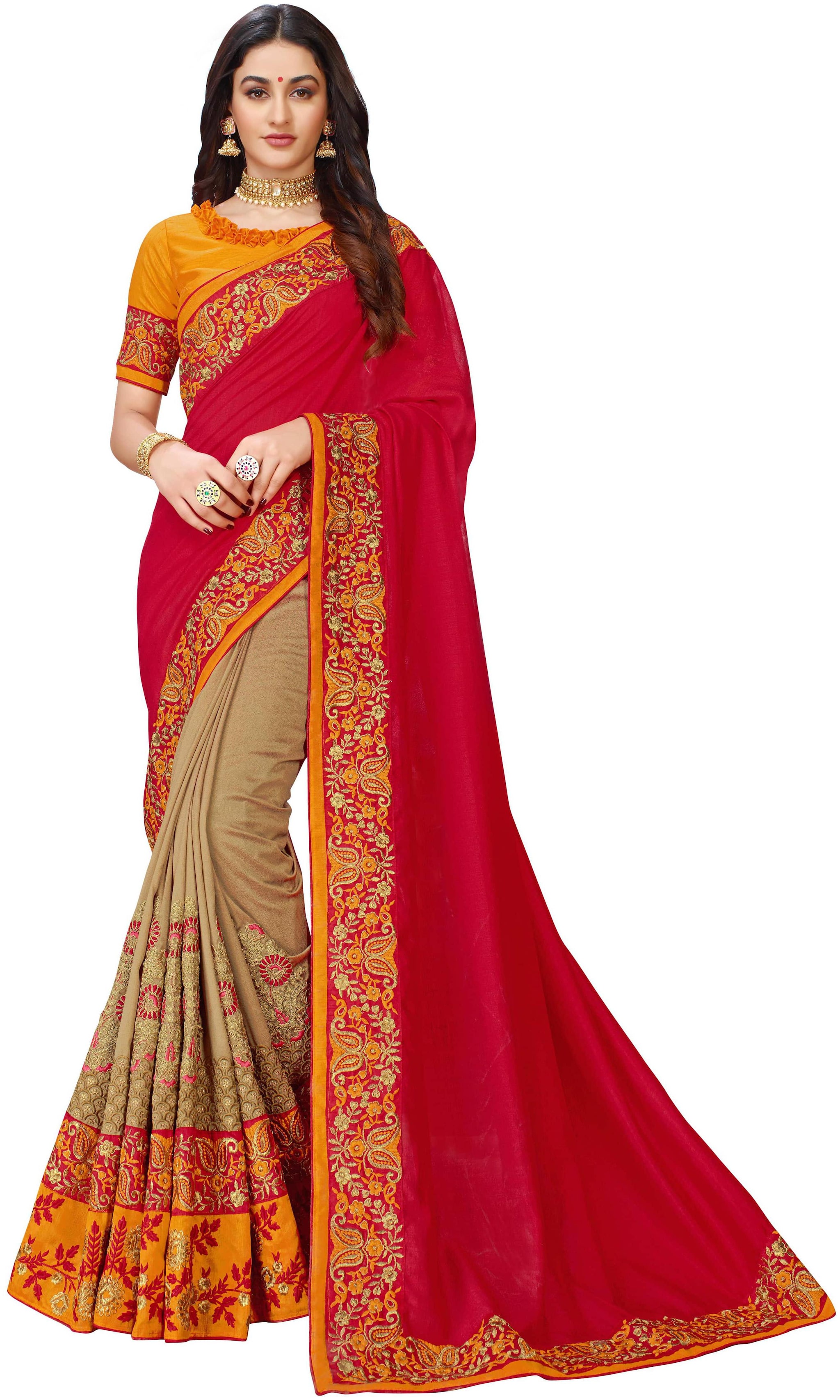 

Manohari Red Embroidered Dupion Half Half Saree With Blouse With blouse