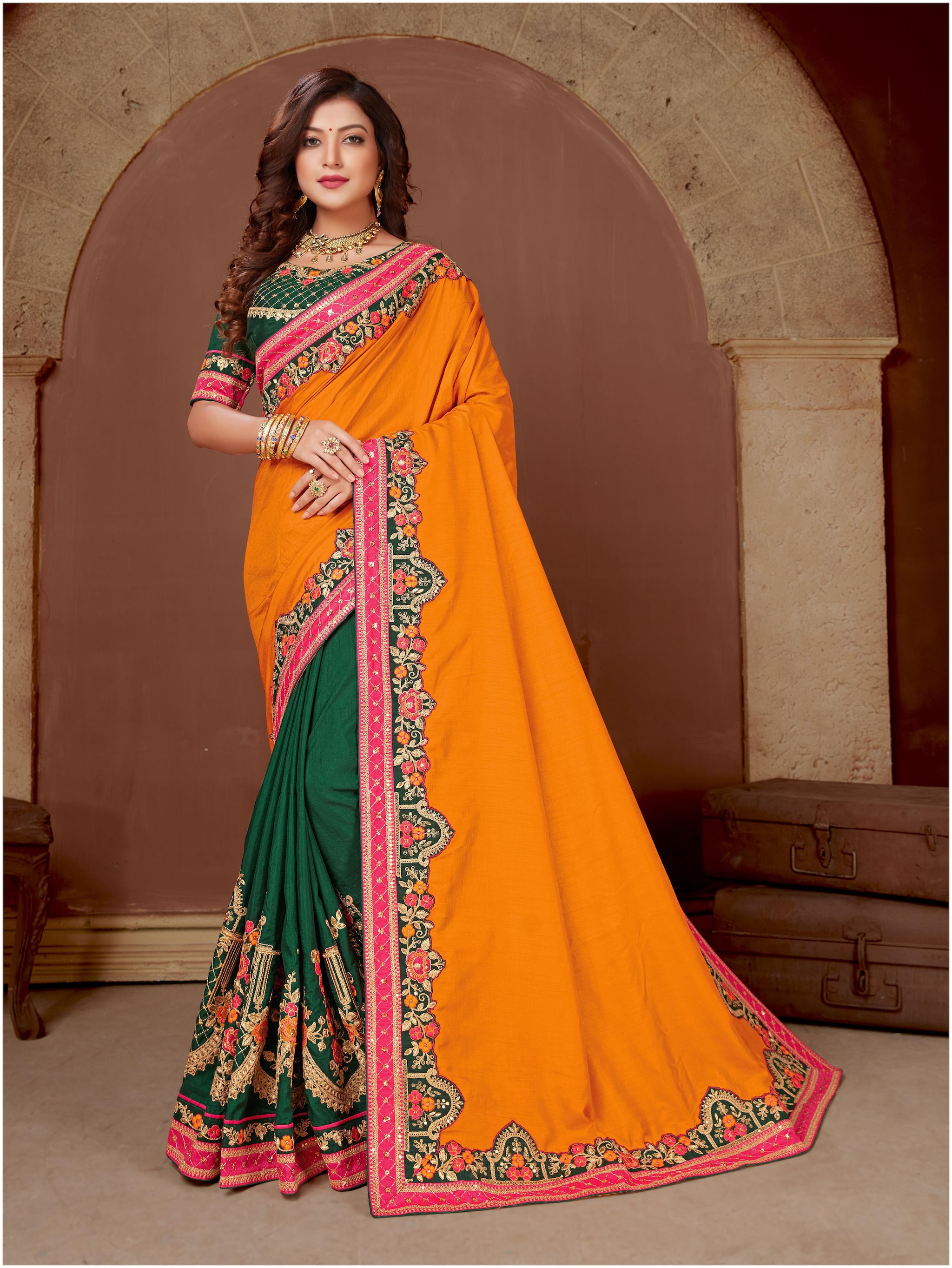 

Manohari Women Silk Embroidered Green Mustard Saree With Blouse