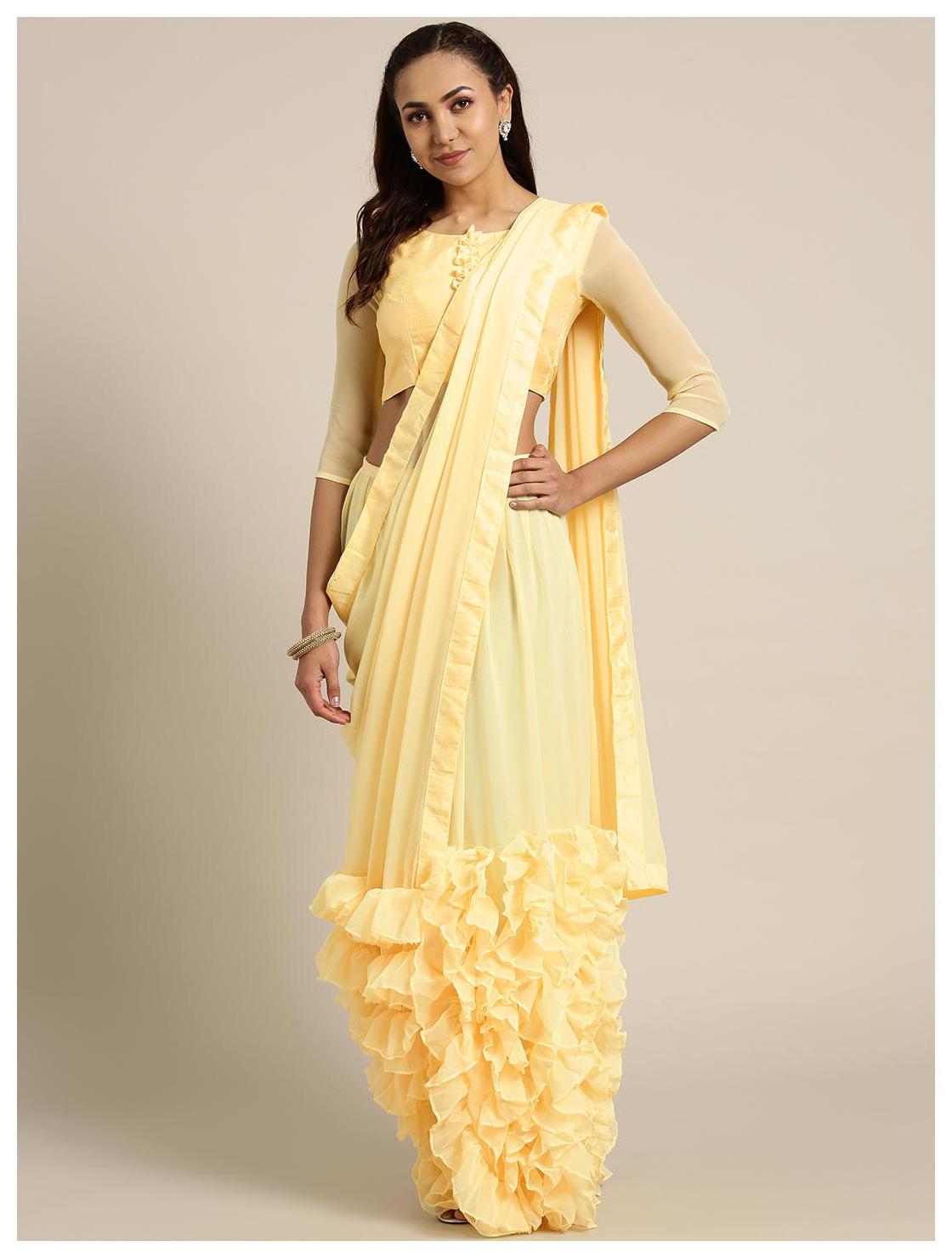 

Manohari Yellow Solid Universal Ruffle Saree With Blouse With blouse