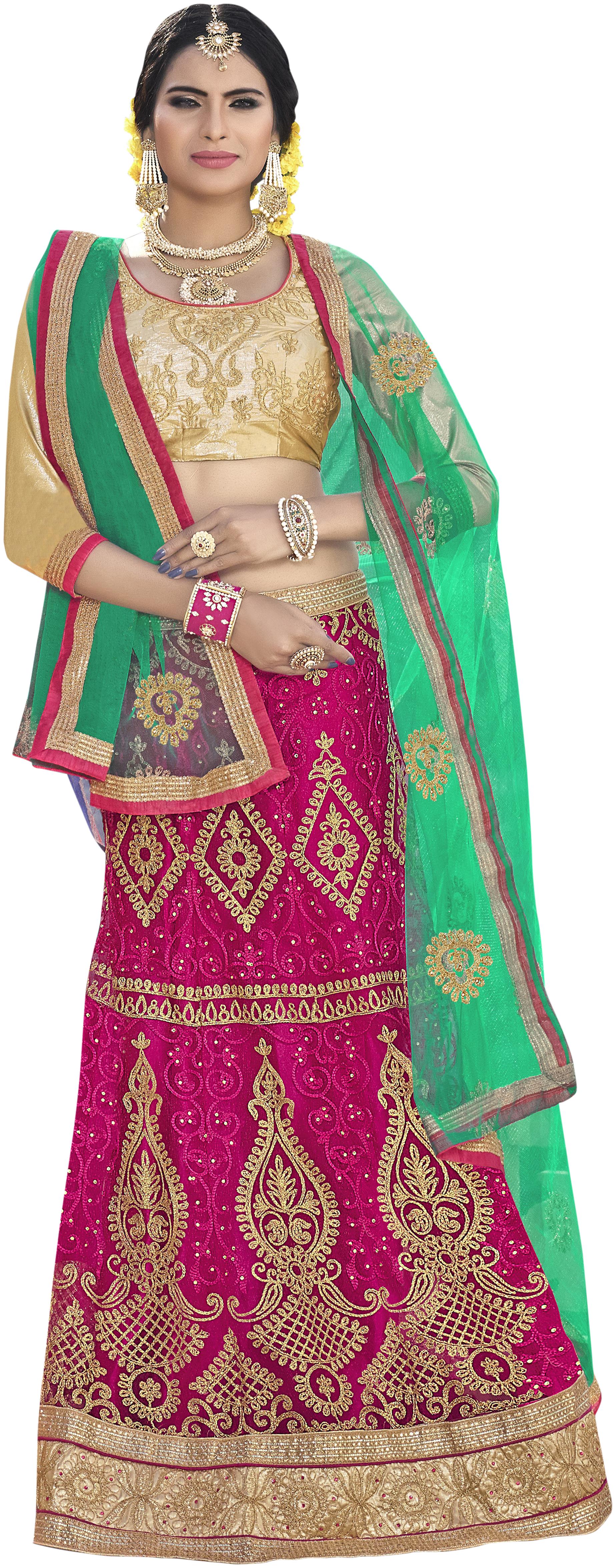 

MANVAA Net Embroidered Semistiched Lehenga Choli With Dupatta Pink