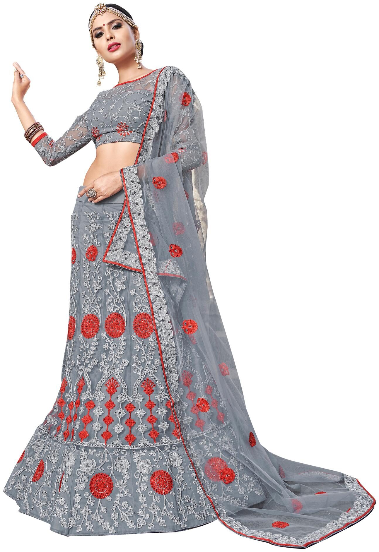 

MANVAA Net Embroidered Semistiched Lehenga Choli With Dupatta Grey