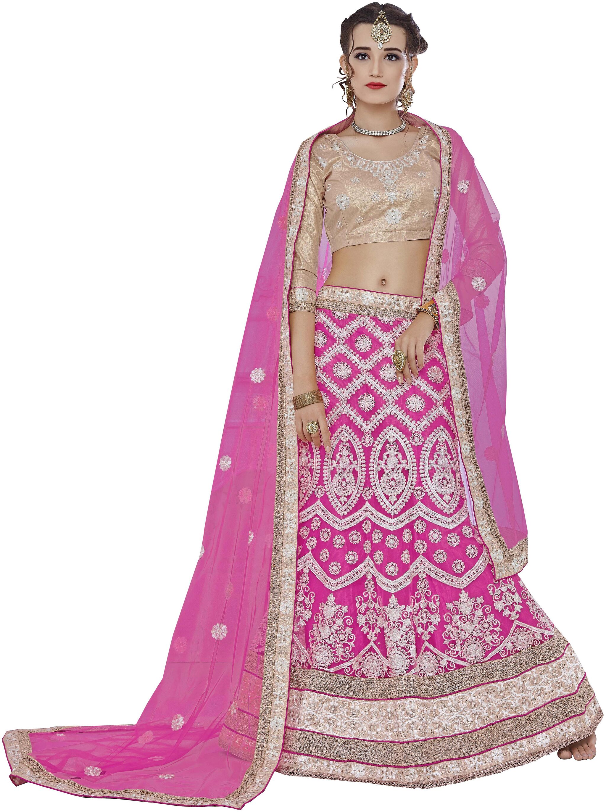 

MANVAA Net Embroidered Semistiched Lehenga Choli With Dupatta Pink