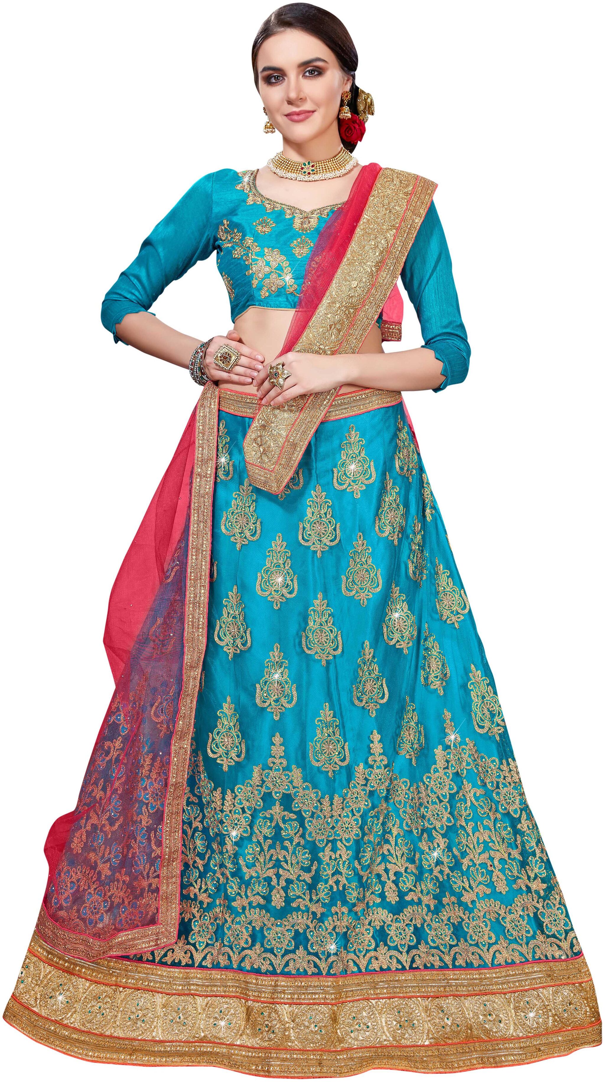

MANVAA Net Embroidered Semistiched Lehenga Choli With Dupatta Blue
