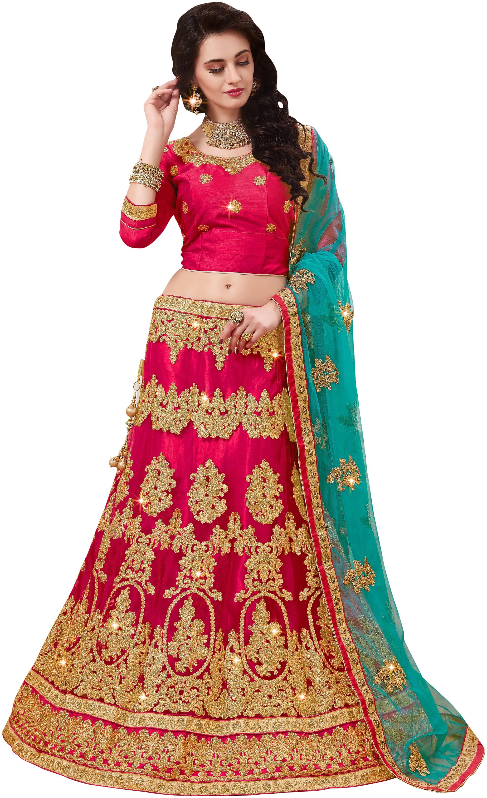 

MANVAA Net Embroidered Semistiched Lehenga Choli With Dupatta Pink
